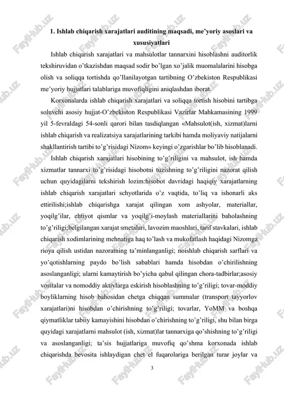 an o’chirilishning asoslanganligi; ularni kamaytirish bo’yicha qabul qilingan chora-tadbirlar;asosiy vositalar va nomoddiy aktivlarga eskirish hisoblashning to’g’riligi; tovar-moddiy boyliklarning hisob bahosidan chetga chiqqan summalar (transport tayyorlov xarajatlari)ni hisobdan o’chirishning to’g’riligi; tovarlar, yomm va boshqa qiymatliklar tabiiy kamayishini hisobdan o’chirishning to’g’riligi, shu bilan birga quyidagi xarajatlarni mahsulot (ish, xizmat)lar tannarxiga qo’shishning to’g’riligi va asoslanganligi; ta’sis hujjatlariga muvofiq qo’shma korxonada ishlab chiqarishda bevosita ishlaydigan chet el fuqarolariga berilgan turar joylar va kommunal xizmatlar uchun to’lovlar; xizmat safarida va yo’lda bo’lgan vaqt, turar joy ijarasi, xizmat safari joyiga borib qaytish yo’l xarajatlari uchun tasdiqlangan me’yorlar doirasida, ishlab chiqarish faoliyati bilan bog’liq chet el xizmat safari xarajatlari. asosiy xarajatlar, ishlab chiqarishni tashkil etish va boshqarish xarajatlarining to’g’ri va asoslangan hamda me’yorlarga muvofiqligini tekshiriladi. mahsulot (ish, xizmat) larning rejadagi va hisobot kalkulyatsiyasining to’g’riligini xarajat moddalari bo’yicha tekshiriladi. natijada reja va haqiqiy tannarx o’rtasidagi tafovutlarni moddalar bo’yicha tahlil qilinib, tafovutlar sababi aniqlanadi. xom ashyo va materiallarni sarflashning …