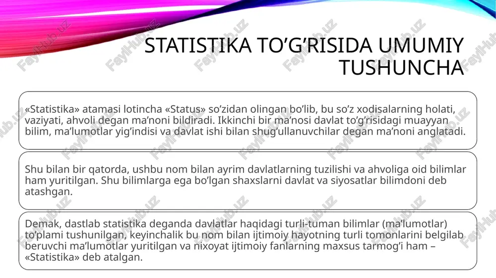 amaliy faoliyatidagi mustaqil tarmoqlari bo’lgan o’zbekiston respublikasi statistika davlat qo’mitasi, viloyatlarda statistika boshqarmalari, tumanlarda (shaxarlarda) esa statistika bo’limlarini o’z ichiga qamrab olgan. statistika ko’p asrlik tarixga egadir. ayrim ma’lumotlarga ko’ra, eramizdan 3500 yil ilgari misrda aholi hisobi (ruyxati), rossiya (moskva) da esa ikki marta (1362 va 1389 yillarda) aholi ro’yxati o’tkazilgan. xv asrda moskvada «mirza daftarlari» nomi bilan ma’lum bo’lgan maxsus statistik to’plamlar tuzilgan. pyotr i davrida «aholi taftishi» nomi bilan mashhur bo’lgan soliq to’lovchi aholi ro’yxatlari o’tkazila boshlangan. jami 10 marta taftish (oxirgilari 1857-1860 yillarda) o’tkazilgan. ulardagi ma’lumotlar xviii va xix asrning birinchi yarmidagi rossiya aholisining sonini tavsiflovchi yagona manba bo’lib hisoblangan. statistika fani xvii asrning oxirlariga kelib, mustaqil fan sifatida shakllana boshlandi. shu davrda «siyosiyarifmetika» degan fan vujudga keldi. uning asoschilari ingliz olimlari u. petti (1623-1687) va jon graunt (1620-1674) bo’lganlar. u. pettini o’z vaqtida iqtisodning «otasi» va ma’lum darajada statistikaning ixtirochisidir, deb atashgan. statistikafanining predmeti va usuli. …