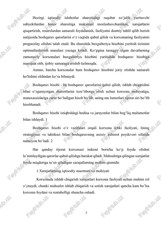 i. korxona sarf xarajatlari o’z ichiga 1) mahsulot ishlab chiqarish tannarxi, 2) davr xarajatlari, 3) moliyaviy faoliyat bo’yicha xarajatlar, 4) favqulotda zararlarni oladi. o’zbekiston respublikasi vazirlar mahkamasining 1999 yil 5 fevralda qabul qilgan 64 qarori bilan tasdiqlangan «mahsulot (xizmatlar)ning sotish xarajatlarining tuzilishi va moliyaviy natijalarning tashkil topishi qoidalari»ga asosan korxonalarning xarajat moddalari quyidagilardan tashkil topadi: ishlab chiqarish xarajatlari: – mahsulot tannarxi: ishlab chiqarishning moddiy xarajatlari: · mahsulotga qushiladigan xom ashyo va materiallar – sotib olingan materiallar (ishlab chiqarishni me’yorida o’tishini ta’minlash, ehtiyot qismlar, mahsulotlarni urash, joylash uchun materiallar va h.k); · ishlab chiqarish xususiyatiga ega xizmatlar va ishlar; · tabiiy xom ashyo (suv, yog’och va h.k); · energiya va yoqilg’ining hamma turlari; · materiallarning tabiiy kamayishi. ishlab chiqarish xarakteridagi mehnatga to’lovlar: · bajarilgan ishlar uchun to’lovlar; · qo’shimcha to’lovlar; · ishlanmagan vaqtlar uchun to’lovlar. ijtimoiy sug’urtaga ajratmalar: · ish haqi fondiga nisbatan ajratmalar; · nodavlat nafaqa fondiga, ixtiyoriy tibbiy sug’urtaga …