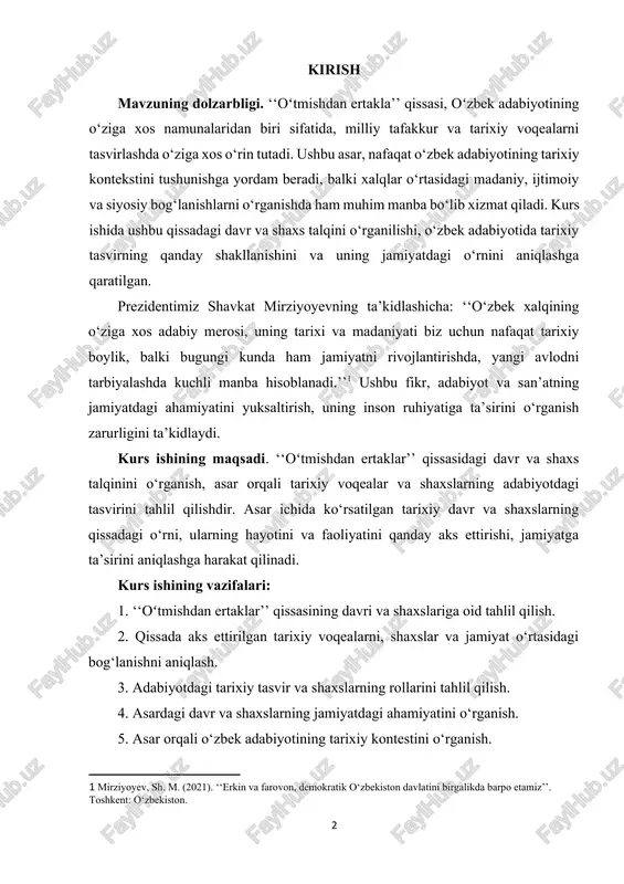 qealar va shaxslarning adabiyotdagi tasvirini tahlil qilishdir. asar ichida ko‘rsatilgan tarixiy davr va shaxslarning qissadagi o‘rni, ularning hayotini va faoliyatini qanday aks ettirishi, jamiyatga ta’sirini aniqlashga harakat qilinadi. kurs ishining vazifalari: 1. ‘‘oʻtmishdan ertaklar’’ qissasining davri va shaxslariga oid tahlil qilish. 2. qissada aks ettirilgan tarixiy voqealarni, shaxslar va jamiyat o‘rtasidagi bog‘lanishni aniqlash. 3. adabiyotdagi tarixiy tasvir va shaxslarning rollarini tahlil qilish. 4. asardagi davr va shaxslarning jamiyatdagi ahamiyatini o‘rganish. 5. asar orqali o‘zbek adabiyotining tarixiy kontestini o‘rganish. kurs ishining obyekti va predmeti: obyekt: ‘‘oʻtmishdan ertaklar’’ qissasi va undagi tarixiy voqealar, shaxslar. predmet: qissadagi davr va shaxslar talqini, ularning o‘ziga xosligi va jamiyatdagi ahamiyati. kurs ishining metodik asosi: kurs ishining metodik asosi sifatida tahlil, sintez va tarixiy kontekstda yondashuvlar qo‘llaniladi. bu metodlar asar va uning tarkibidagi voqealar hamda shaxslarni chuqur tahlil qilishda yordam beradi. eslatib o‘tish kerakki, ‘‘oʻtmishdan ertaklar’’ qissasidagi badiiy tasvir va tarixiy haqiqiylikni o‘zaro bog‘lab ko‘rish, tahlil qilishda …