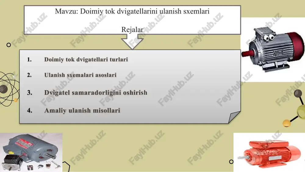 kuchlanishni barqaror saqlashga yordam beradi. bu ulanish turi motorning samaradorligini oshiradi va ishonchliligini kuchaytiradi. shuningdek, motorlar orasida yuk teng taqsimlanadi. doimiy tok dvigatellarini ulanish sxemlari to'g'ridan-to'g'ri oqim bilan ishlaydigan elektr motorlar, o'zgaruvchan tok bilan ishlaydigan motorlarga qaraganda kamroq qo'llaniladi. uy sharoitida doimiy motorlar odatdagi doimiy batareyalar bilan ishlaydigan bolalar o'yinchoqlarida qo'llaniladi. ishlab chiqarishda doimiy dvigatellar turli xil jihozlar va uskunalarni boshqaradi. ular kuchli batareyalar to'plamlari bilan ishlaydi. doimiy tok dvigatelining turlari masalan, seriyali ulanish yuqori boshlang‘ich moment taqdim etadi, bu esa yuk ko‘tarishda afzal hisoblanadi. bu turdagi dvigatellar ko‘pincha transport va ishchi mashinalarda qo‘llaniladi. doimiy tok dvigatellari turli xil ulanish sxemalariga ega bo‘lib, har biri uning ishlash xususiyatlariga ta'sir ko‘rsatadi. ulanish sxemalari dvigatelning kuchlanish va tok darajasini boshqarishga yordam beradi. asosiy turlari orasida seriyali, parallel va aralash ulanishlarni ajratish mumkin. har bir ulanish turi dvigatelning moment va tezlik ko‘rsatkichlariga o‘ziga xos ta'sir qiladi. ulanish sxemalarining asosiy elementlari masalan, parallel ulanish …