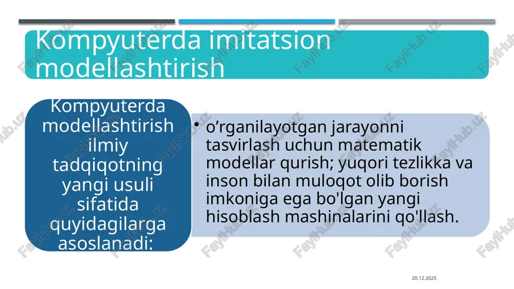 da taqlid qilinayotgan real obyekt yoki jarayonning matematik modeli bilan kompyuterda hisoblash tajribalarini rejalashtirish, tashkil qilish va bajarishning algoritmik usullari to‗plamidir. monte-korlo usuli 15.11.2024 imitatsion modellashtirishning asosiy turlaridan biri bu ehmda ishlanuvchi murakkab tasodifiy jarayonlarni qayta ishlashga asoslangan statistik imitatsion modellashtirish bo‗lib hisoblanadi. tasodifiy jarayonning statistik modeli – bu tasodifiy o‗zgarishga (siljishga) moyil bo‗lgan murakkab tizim ishlashini, hamda uning elementlari orasidagi o‗zaro ta‘sirini imitatsiya qiluvchi, ehtimollik xaraktyerni o‗zida oluvchi algoritmdir. 15.11.2024 kompyuterda statistik imitatsion modellashtirishni amalga oshirishda berilgan ehtimollik xarakteristikasi bilan kompyuterda tasodifiy sonlarni ketma ketlikda olish masalasi kelib chiqadi. berilgan taqsimot qonuni asosida ketma-ket tasodifiy sonlarni generatsiya qilish masalasini yechshning sonli usul ―statistik sinov usuli yoki ―monte-karlo usuli deb nom olgan. 15.11.2024 monte-karlo usuli statistik modellashtirishdan tashqari bir necha sonli usullar (integral olish, tenglamani yechish) qatori ilovalariga ham ega. monte-karlo usuli – bu berilgan ehtimollik xarakteristikasi bilan psevdotasodifiy sonlarni ketma-ket olishning kompyuterda modellashtiruvchi sonli usuldir. demak, statistik modellashtirish - …