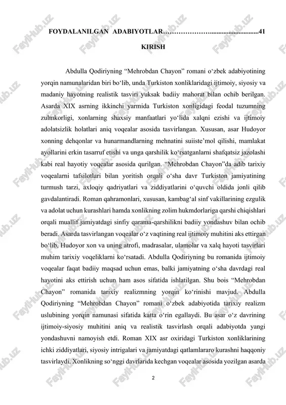 hi chiqishlari orqali muallif jamiyatdagi sinfiy qarama-qarshilikni badiiy yondashuv bilan ochib beradi. asarda tasvirlangan voqealar o‘z vaqtining real ijtimoiy muhitini aks ettirgan bo‘lib, hudoyor xon va uning atrofi, madrasalar, ulamolar va xalq hayoti tasvirlari muhim tarixiy voqeliklarni ko‘rsatadi. abdulla qodiriyning bu romanida ijtimoiy voqealar faqat badiiy maqsad uchun emas, balki jamiyatning o‘sha davrdagi real hayotini aks ettirish uchun ham asos sifatida ishlatilgan. shu bois “mehrobdan chayon” romanida tarixiy realizmning yorqin ko‘rinishi mavjud. abdulla qodiriyning “mehrobdan chayon” romani o‘zbek adabiyotida tarixiy realizm uslubining yorqin namunasi sifatida katta o‘rin egallaydi. bu asar o‘z davrining ijtimoiy-siyosiy muhitini aniq va realistik tasvirlash orqali adabiyotda yangi yondashuvni namoyish etdi. roman xix asr oxiridagi turkiston xonliklarining ichki ziddiyatlari, siyosiy intrigalari va jamiyatdagi qatlamlararo kurashni haqqoniy tasvirlaydi. xonlikning so‘nggi davrlarida kechgan voqealar asosida yozilgan asarda hudoyor xonning o‘z maqsadlari yo‘lida dehqonlar, kosiblar va ayollarni qanday zulm ostiga olgani ko‘rsatiladi. i bob. abdulla qodiriy ijodi va tarjimashunoslikda realiya …