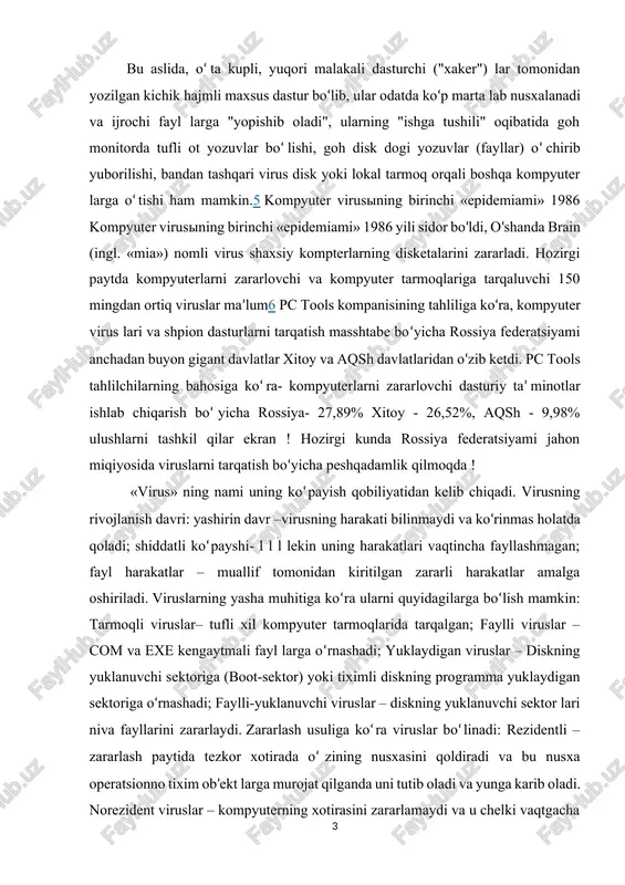 yuklanuvchi sektoriga (boot-sektor) yoki tiximli diskning programma yuklaydigan sektoriga o‘rnashadi; faylli-yuklanuvchi viruslar – diskning yuklanuvchi sektor lari niva fayllarini zararlaydi. zararlash usuliga ko‘ra viruslar bo‘linadi: rezidentli – zararlash paytida tezkor xotirada o‘zining nusxasini qoldiradi va bu nusxa operatsionno tixim ob’ekt larga murojat qilganda uni tutib oladi va yunga karib oladi. norezident viruslar – kompyuterning xotirasini zararlamaydi va u chelki vaqtgacha fayl bo‘ladi. viruslar ta’sir etish darajasi bo‘yicha quyidagilarga bo‘linadi: xafsiz – kompyuterning shishiga ta’sir qilmaydi, lekin teskor xotira va diskning hajmini kamaytiradi. ular grafikli yoki tovushli effekt larga tushadi; xafli – shk ning ishlashida har xil xatoliklarga olbi keladi; juda xafli – ularning harakati dasturlarning yo‘qolshishiga va ma’lumotlarning o‘chib ketshishiga olbi keladi. antivirus dasturlari: detektor-dasturlar; doktor- dasturlar ; revizor- dasturlar; filtr - dasturlar; immunizator - dasturlar hozirgi kunda ing ko‘p tarqalgan antivirus dasturlari bulvar : kaspersky va. kaspersky va eset nod32. kompyuter virusi — internet orqali suzib yuradigan, kompyuter programmalarini …