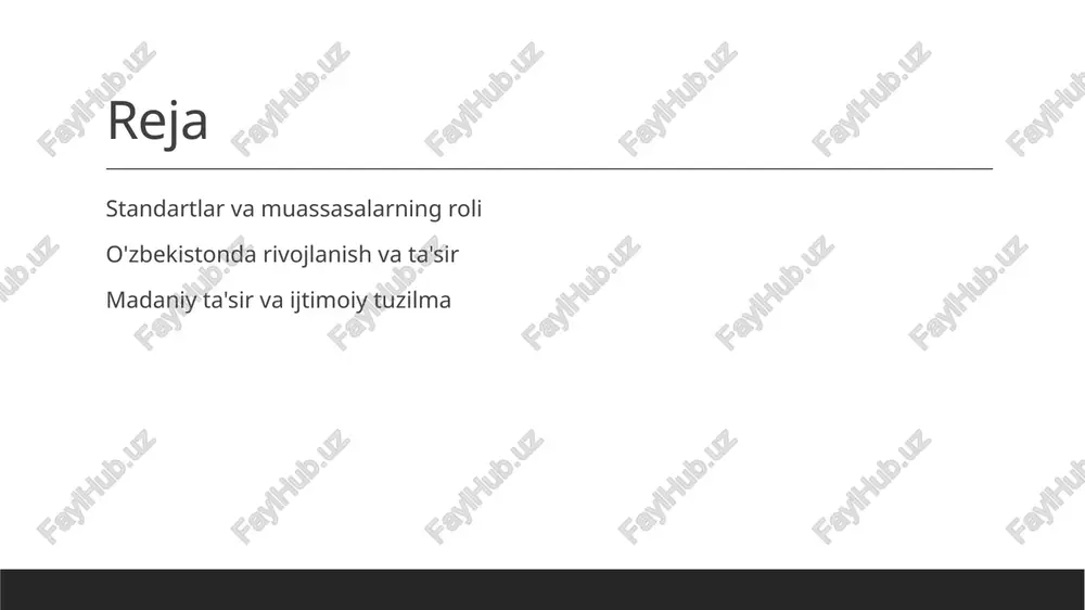 asalar, standartlarni amalga oshirishda muhim rol o'ynaydi, ularning samarali boshqaruvi ijtimoiy va iqtisodiy rivojlanishni ta'minlash uchun zarurligini ko'rsatadi. standartlar va muassasalar: o'zbekistonning global integratsiyasi. 1 global integratsiya - o'zbekiston global integratsiyaga kirishish jarayonida xalqaro standartlarga moslashishni va muassasalarning roli oshishini ta'minlamoqda. 2 tashqi hamkorlik - o'zbekiston, xalqaro tashkilotlar va mamlakatlar bilan hamkorlikni rivojlantirib, iqtisodiy va ijtimoiy standartlarni takomillashtirishga intilmoqda. 3 madaniy almashuv - global integratsiya madaniy almashuvni kuchaytiradi, bu esa o'zbekistonda an'anaviy va zamonaviy standartlar o'rtasida yangi muvozanat yaratadi. madaniyat va an'analar: standartlar va muassasalarning ta'siri. 01 madaniyat va standartlar madaniyat va standartlar o'zaro bog'liq bo'lib, standartlar madaniyatni shakllantiradi, madaniyat esa standartlarning qabul qilinishiga ta'sir qiladi. 02 an'analar va muassasalar an'analar muassasalar bilan birgalikda ijtimoiy tizimlarni mustahkamlashda muhim rol o'ynaydi, ularning o'zaro ta'siri jamiyat barqarorligini ta'minlaydi. 03 standartlarning madaniy ta'siri standartlar madaniy qadriyatlar va an'analarga asoslanadi, bu esa ularni qabul qilish va amalga oshirishda ahamiyatli omil hisoblanadi. 04 muassasalar va …
