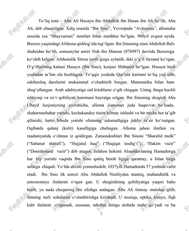 bi fanlarni o‘rganadi, xususan, tabobat ilmiga alohida mehr qo‘yadi va bu sohada tez kamol topa boshlaydi. ibn sinoning tib ilmida yuksak darajaga erishishida buxorolik tabib abu mansur hasan ibn nuh qumriyning xizmati katta bo‘lgan. ibn sino undan tabobatni o‘rganib, ilmning ko‘p sirlariga ega bo‘lgan. allomaning o‘zi bunday hikoya qiladi: “keyinchalik tib ilmi bilan shug‘ullangim kelib qoldi. unga oid kitoblarni o‘qishga kirishdim. tib o‘zi qiyin ilmlardan emas edi. shu sababli qisqa muddat ichida bu sohada shunday natijalarga erishdimki, hatto fozil tabiblar ham huzurimga kelib, mendan tib ilmini o‘rganadigan bo‘ldi”. ibn sino juda tirishqoq, o‘z oldiga qo‘ygan maqsadiga erishmaguncha tinchimaydigan odam bo‘lgan. allomaning o‘zi bunday yozadi: “o‘sha kezlari biron kecha to‘yib uxlamasdim, kunduzlari ham ilmdan boshqa narsa bilan shug‘ullanmasdim. har bir masalani o‘rganayotganimda bir qancha qiyosiy faktlarni solishtirib, shu faktlar nuqtayi nazaridan o‘sha dastlabki masala yuzasidan xulosa chiqarar edim. nihoyat, uning asl mohiyati menga ayon bo‘lib qolardi. ana shu zaylda hamma bilimlarni …