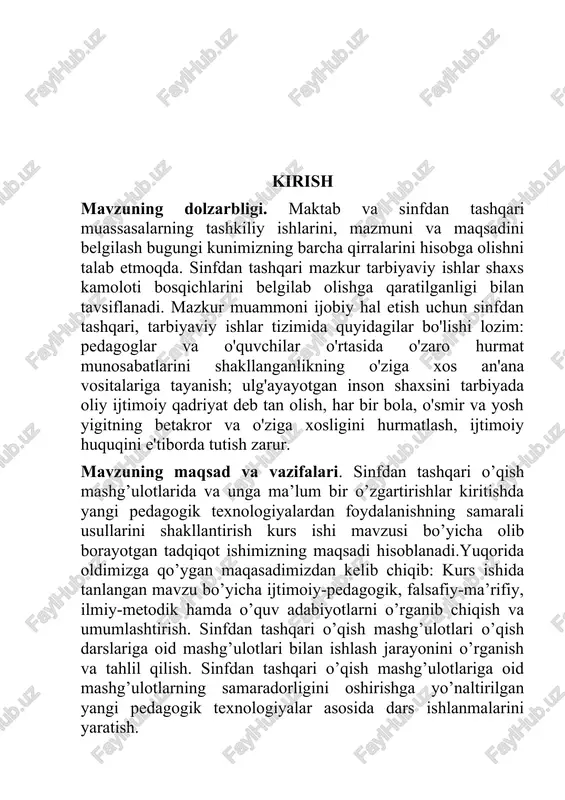 adabiyotlarni o’rganib chiqish va umumlashtirish. sinfdan tashqari o’qish mashg’ulotlari o’qish darslariga oid mashg’ulotlari bilan ishlash jarayonini o’rganish va tahlil qilish. sinfdan tashqari o’qish mashg’ulotlariga oid mashg’ulotlarning samaradorligini oshirishga yo’naltirilgan yangi pedagogik texnologiyalar asosida dars ishlanmalarini yaratish. kurs ishida foydalaniladigan metodlar. savol-javob, munozara, loyiha, adabiy kechalar, ijodiy yozish bo’yicha seminarlar, kitob klublari, dala sayohatlari. kurs ishing tarkibiy tuzilishi. ushbu kurs ishi kirish, ikki bob, har bir bobda ikkitadan qism, xulosa, foydalanilgan adabiyotlar ro’yxatidan iborat. i.bob. adabiyot darslarida sinfdan tashqari mashg’ulotlarni tashkil qilish 1.1. adabiyot darslarida sinfdan tashqari mashg’ulotlarning turlari boshlang‘ich sinflarda sinfdan tashqari o‘qishga kichik yoshdagi o‘quvchilarning ona tilini puxta o‘zlashtirishga tayyorlashning ajralmas qismi, ta’lim jarayonida ularni ahloqiy-estetik tarbiyalashning muhim vositasi sifatida qaraladi. sinfdan tashqari o‘qishning maqsadi kichik yoshdagi o‘quvchilarni bolalar adabiyoti va xalq og‘zaki ijodining xilma-xil namunalari bilan tanishtirish, ularda kitobxonlik madaniyatini tiklashdan iboratdir. sinfdan tashqari o‘qishni tashkil etishning mazmuniga ko‘ra ta’limning har bir bosqichidagi ikki asosiy bo‘limga ajratiladi: 1. …