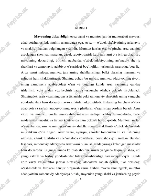 i yangicha talqin qilishga, uni yangi estetik va badiiy yondoshuvlar bilan birlashtirishga harakat qilmoqda. bunda aruz vazni va mumtoz janrlar o‘rtasidagi aloqalarni saqlab qolish, ular orasidagi o‘xshashlik va farqlarni chuqur o‘rganish zarur. ushbu mavzu shuningdek, mumtoz adabiyotdan zamonaviy adabiyotga o‘tish jarayonida yangi shakl va janrlarning paydo bo‘lishi va ularning aruz vazni bilan qanday bog‘lanishi haqida ham so‘z yuritadi. shu bois, aruz vazni va mumtoz janrlar munosabati o‘zbek adabiyotining turli davrlari o‘rtasidagi o‘zgarishlar, urf-odatlar va madaniy jarayonlarni o‘rganish uchun muhim va dolzarb bir yo‘nalishdir. kurs ishining maqsadi: kurs ishining maqsadi, aruz vazni va mumtoz janrlar munosabati mavzusini o‘rganish orqali o‘zbek adabiyotidagi an'anaviy she'riyat shakllarini, ularning badiiy va estetik xususiyatlarini chuqur tahlil qilishdan iboratdir. ushbu ishda aruz vaznining mumtoz janrlar, masalan, gazel, qasida, ruboiy kabi janrlarning shakllanishidagi o‘rni, ularning she'riy tuzilishi va zamonaviy adabiyotdagi yondoshuvlar bilan bog‘liqligi o‘rganiladi. kurs ishining maqsadi, aruz vaznining badiiy imkoniyatlarini va uning adabiyotdagi o‘zgarishlarga qanday ta'sir ko‘rsatganini …