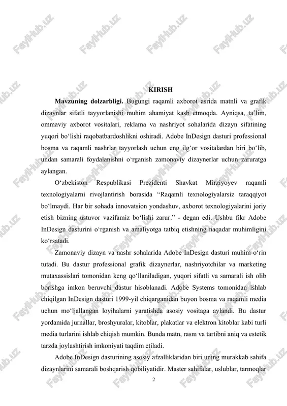 di. adobe systems tomonidan ishlab chiqilgan indesign dasturi 1999-yil chiqarganidan buyon bosma va raqamli media uchun mo‘ljallangan loyihalarni yaratishda asosiy vositaga aylandi. bu dastur yordamida jurnallar, broshyuralar, kitoblar, plakatlar va elektron kitoblar kabi turli media turlarini ishlab chiqish mumkin. bunda matn, rasm va tartibni aniq va estetik tarzda joylashtirish imkoniyati taqdim etiladi. adobe indesign dasturining asosiy afzalliklaridan biri uning murakkab sahifa dizaynlarini samarali boshqarish qobiliyatidir. master sahifalar, uslublar, tarmoqlar va rivojlangan formatlash imkoniyatlari yordamida dizaynerlar katta hajmdagi loyihalarda bir xillikni saqlashlari mumkin. shuningdek, adobe creative cloud bilan integratsiya qilish orqali photoshop, illustrator kabi adobe kompaniyasining boshqa dasturlari bilan uzviy ishlash imkoniyati yaratiladi. bu esa ishlab chiqarish jarayonini tezlashtiradi va kreativ imkoniyatlarni kengaytiradi. dastur foydalanuvchilarga ko‘p sahifali hujjatlarni boshqarish, interaktiv elementlar qo‘shish va keng eksport imkoniyatlari bilan ish olib borish imkonini beradi. hozirgi kunda adobe indesign dasturi dizayn va nashr sohalarida muhim o‘rin tutmoqda. u nafaqat innovatsion imkoniyatlar bilan to‘ldirilgan, balki …