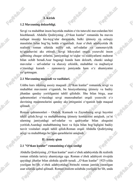 2.1 "o'tkan kunlar" romanining o'ziga xosligi abdulla qodiriyning ,,o‘tkan kunlar” asari o‘zbek adabiyotida ilk realistik roman sifatida tarixiy ahamiyatga ega. roman o‘zbek adabiyoti rivojida quyidagi jihatlar bilan alohida ajralib turadi. ,,o‘tkan kunlar” 1925-yilda yozilgan bo‘lib, o‘zbek adabiyotidagi birinchi roman janrida yaratilgan asar sifatida qabul qilinadi. roman realizm uslubida yozilgan bo‘lib, unda ijtimoiy hayot, urf-odatlar va insoniy munosabatlar haqqoniy tasvirlangan. yevropa adabiyotidagi roman janridan farqli ravishda, asarda sharq adabiyoti ta'siri ham seziladi. bu, ayniqsa, badiiy tasvir vositalarida, masalan, qahramonlarning ichki kechinmalarini ochib berishda namoyon bo‘ladi.roman o‘zbek xalqining hayoti, urf-odatlari va qadriyatlarini haqqoniy tasvirlagani bilan yangi davr adabiyotiga poydevor qo‘ygan.abdulla qodiriy roman orqali o‘z davrining ijtimoiy muammolarini ko‘rsatish, zamonaviy g‘oyalarni ilgari surish va o‘quvchini tarbiyaviy maqsad bilan mulohazaga chorlashga erishdi.asar o‘zbek milliy adabiyoti uchun yangi shakl va uslub – nasrning keng janrli, kompleks tuzilishini olib kirdi. ,,o‘tkan kunlar” realizm oqimining milliy shaklda ifodasini ko‘rsatadi. qodiriy o‘zbek xalqining madaniy merosini, urf-odatlari va oilaviy …