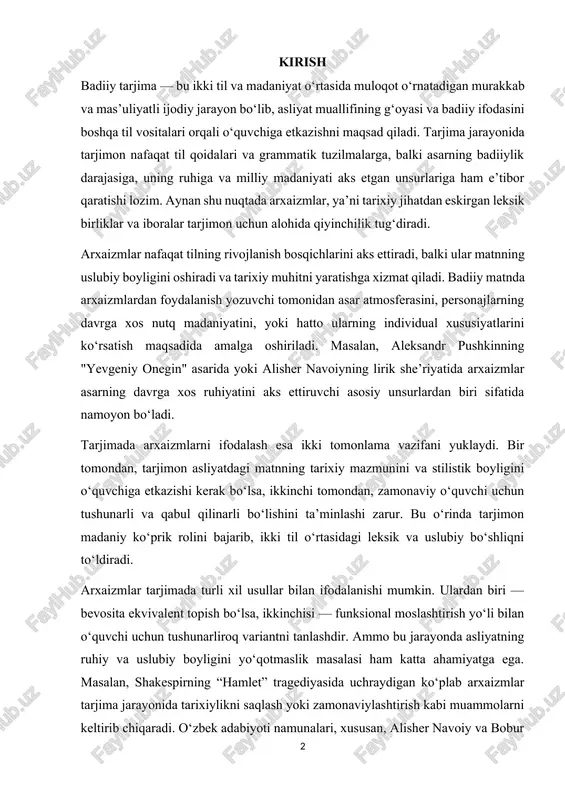 a xos ruhiyatini aks ettiruvchi asosiy unsurlardan biri sifatida namoyon bo‘ladi. tarjimada arxaizmlarni ifodalash esa ikki tomonlama vazifani yuklaydi. bir tomondan, tarjimon asliyatdagi matnning tarixiy mazmunini va stilistik boyligini o‘quvchiga etkazishi kerak bo‘lsa, ikkinchi tomondan, zamonaviy o‘quvchi uchun tushunarli va qabul qilinarli bo‘lishini ta’minlashi zarur. bu o‘rinda tarjimon madaniy ko‘prik rolini bajarib, ikki til o‘rtasidagi leksik va uslubiy bo‘shliqni to‘ldiradi. arxaizmlar tarjimada turli xil usullar bilan ifodalanishi mumkin. ulardan biri — bevosita ekvivalent topish bo‘lsa, ikkinchisi — funksional moslashtirish yo‘li bilan o‘quvchi uchun tushunarliroq variantni tanlashdir. ammo bu jarayonda asliyatning ruhiy va uslubiy boyligini yo‘qotmaslik masalasi ham katta ahamiyatga ega. masalan, shakespirning “hamlet” tragediyasida uchraydigan ko‘plab arxaizmlar tarjima jarayonida tarixiylikni saqlash yoki zamonaviylashtirish kabi muammolarni keltirib chiqaradi. o‘zbek adabiyoti namunalari, xususan, alisher navoiy va bobur ijodini boshqa tillarga tarjima qilishda ham xuddi shunday qiyinchiliklar kuzatiladi. bugungi kunda tarjimonlar arxaizmlarni ifodalashda ikki yo‘lni tanlaydilar: ularning asl shakli va tarixiy xususiyatlarini saqlagan …