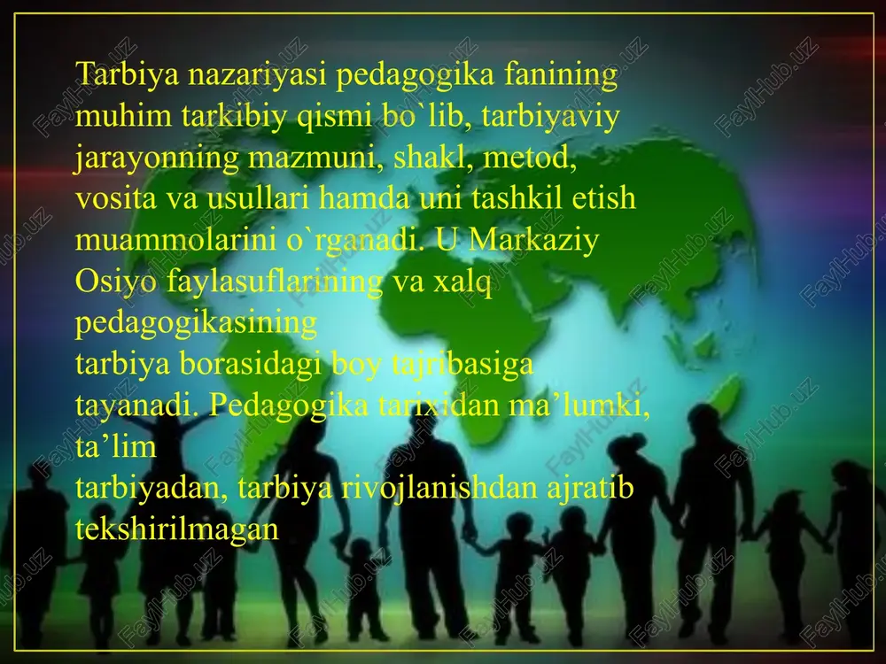 tartibga solinadi. a) o’quvchining qaysi xislatini shakllantirish yoki yo’qotish maqsadida rejalashtiriladi. b) shu hislatlarni tarbiyalash yoki yo’qotish uchun xizmat qiluvchi manbalar izlab topiladi. v) belgilangan maqsad uchun xizmat qiladigan nazariy va amaliy manbalarni qaysisini va qayerda ishlatish rejalashtiriladi. bunday rejaga solinib olib borilgan tarbiya mohiyatini ta’lim - tarbiya tizimi jamiyat va insonlarning intellektual va jismoniy faoliyati tashkil qiladi.tarbiyaning birinchi xususiyati uning ko'p qirrali jarayon ekanligi bo’lib unda maktab, oila, bolalar va o'smirlar tashkilotlari, mahalla, keng jamoatchilik, kino-teatr, televideniye, adabiyot va san'at ishtirok etadi tarbiyaning yana bir xususiyati uning uzoq muddat davom etishidir. ta’limdan farqli ravishda u bola tug’ilganidan boshlanadi, maktab yillarida, undan keyin va butun umr bo’yi davom etadi.tarbiyaning ta’limdan farqlantiruvchi yana bir xususiyati shundaki, u yaxlit holda va konsentrik asosda amalga oshiriladi tarbiyada qarama-qarshiliklarning ko’pligi yana bir xususiyatdir. bu qaramaqarshiliklar bolalarda o’z tushunchalariga muvofiq dastlabki paydo bo’lgan sifatlar bilan tarbiyachi tomonidan tarkib toptirilayotgan sifatlar o’rtasida o’quvchilarga qo’yilgan talablar bilan …