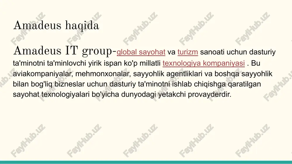 esurslarni taqsimlashga alohida e’tibor beradi. ko‘p madaniyatli muhit: amadeusda turli millat va madaniyatlardan bo‘lgan xodimlar ishlaydi. bu o‘zaro tushunishni va kreativ fikrlashni rivojlantiradi. o‘quv va rivojlanish: amadeus xodimlarining rivojlanishi va o‘sishiga katta e'tibor qaratadi, ular uchun turli o‘quv kurslari, treninglar va rivojlanish imkoniyatlarini taqdim etadi. ish va do‘stona muhit: tashkiliy madaniyatda ochiqlilik, ishni yaxshi ko‘rish va o‘zaro hurmatni targ‘ib qilishga alohida e'tibor qaratiladi. amadeus it group korxonasining o‘ziga xos qadriyatlari, kompaniyaning ishlash uslubi va tashkiliy madaniyatiga asoslanadi. quyidagi qadriyatlar kompaniyaning asosiy prinsiplarini tashkil qiladi. mijozga e'tibor: amadeus mijozlarining ehtiyojlarini va talablarini chuqur tushunish va ularga eng yaxshi xizmatni taqdim etishga intiladi. mijozlarning muvaffaqiyati kompaniyaning o‘sishiga bevosita ta'sir qiladi. jamoaviy ishlash va hamkorlik: kompaniya o‘z xodimlarining jamoa sifatida ishlashini rag‘batlantiradi. bu qadriyat korxona ichida o‘zaro hurmat va hamkorlikni mustahkamlashga yordam beradi. shaxsiy rivojlanish amadeus o‘z xodimlarining kasbiy rivojlanishiga katta e'tibor qaratadi. xodimlar uchun o‘quv imkoniyatlari, treninglar va professional o‘sish uchun resurslar …