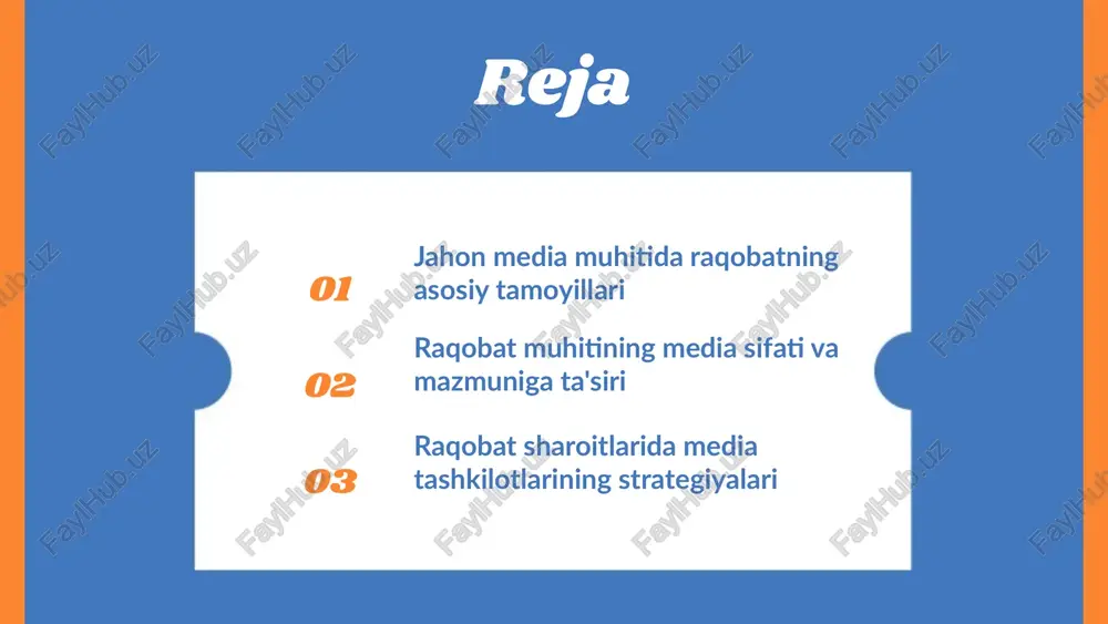 lar yaratishda raqobatni oshiradi. innovatsiyalar orqali raqobatni oshirish yangi texnologiyalar va kreativ yondashuvlar yordamida media kompaniyalari mahsulot va xizmatlarini farqlashadi, virtual haqiqat yoki sun'iy intellekt texnologiyalari innovatsion imkoniyatlar yaratadi. doimiy innovatsiyalar va bozor tendentsiyalarini kuzatib borish raqobatchilardan ajralib turishga va mijozlar ehtiyojlariga moslashishga yordam beradi. raqobat muhitida muvaffaqiyatli strategiyalar muvaffaqiyatli raqobat strategiyalarining asosiy tamoyillari uchun raqobat ustunligini aniqlash va uni saqlash muhimdir. porterning beshta kuchlar modeli orqali bozor raqobatini tahlil qilish va strategik pozitsiyani belgilash mumkin. raqobat muhitida muvaffaqiyatga erishish uchun muhim omillar orasida innovatsiya, resurslarni samarali boshqarish va mijozlarning ehtiyojlariga moslashish joy oladi. shuningdek, raqobatchilarga qarshi barqarorlik va moslashuvchanlik ham muhim ahamiyatga ega. media tashkilotlari uchun strategik rejalashtirishda bozor tendensiyalarini kuzatish, raqobatchilarni tahlil qilish va innovatsion yechimlarni joriy etish muhim. shu bilan birga, auditoriyaga moslashish va raqamli texnologiyalardan unumli foydalanish muvaffaqiyat kalitlaridan biridir. raqobat muhitining ta'siri media sifatiga ta'sirlar raqobat muhitining kuchayishi media sifatiga sezilarli ta'sir qiladi. kompaniyalar yuqori …