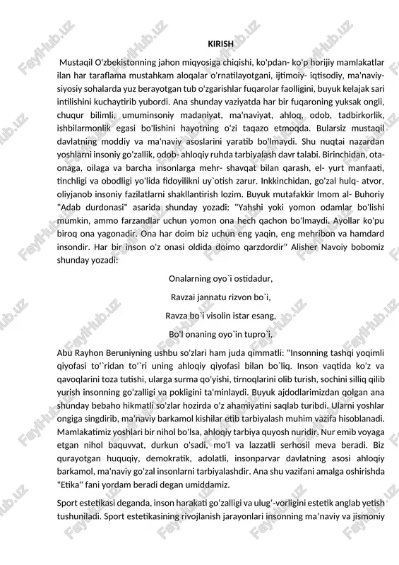 atini saqlab turibdi. ularni yoshlar ongiga singdirib, ma'naviy barkamol kishilar etib tarbiyalash muhim vazifa hisoblanadi. mamlakatimiz yoshlari bir nihol bo'lsa, ahloqiy tarbiya quyosh nuridir. nur emib voyaga etgan nihol baquvvat, durkun o'sadi, mo'l va lazzatli serhosil meva beradi. biz qurayotgan huquqiy, demokratik, adolatli, insonparvar davlatning asosi ahloqiy barkamol, ma'naviy go'zal insonlarni tarbiyalashdir. ana shu vazifani amalga oshirishda "etika" fani yordam beradi degan umiddamiz. sport estetikasi deganda, inson harakati go‘zalligi va ulug‘-vorligini estetik anglab yetish tushuniladi. sport estetikasining rivojlanish jarayonlari insonning ma’naviy va jismoniy yetuklik uyg‘unligining in’ikosidir. bunda insonda jismoniy rivojlanish, jismoniy tayyorgarlik, jismoniy kamolot, jismoniy ta’lim, jismoniy madaniyat kabi bosqichlar kuzatiladi. jismoniy rivojlanishi kishi organizmi shakli va funksiyalarining o‘zgarish jarayoni bo‘lib, asosan, atropometrik va biometrik ko‘rsatkichlarni anglatadi. ya’ni, bo‘y, gavda og‘irligi, qaddi-qomati, o‘pkalarning tiriklik sig‘imi, shuningdek, tezkorlik, epchillik, egiluvchanlik, kuch-chidamlilik kabilarni o‘z ichiga oladi. jismoniy tayyorgarlik bu harakat ko‘nikmalari malakalari, jismoniy sifatlarining sport razryadlari va unvonlar, talab va me’yorlar bilan …