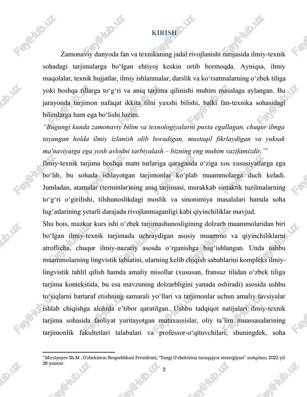 zariy asosda o‘rganishga bag‘ishlangan. unda ushbu muammolarning lingvistik tabiatini, ularning kelib chiqish sabablarini kompleks ilmiy-lingvistik tahlil qilish hamda amaliy misollar (xususan, fransuz tilidan o‘zbek tiliga tarjima kontekstida, bu esa mavzuning dolzarbligini yanada oshiradi) asosida ushbu to‘siqlarni bartaraf etishning samarali yo‘llari va tarjimonlar uchun amaliy tavsiyalar ishlab chiqishga alohida e’tibor qaratilgan. ushbu tadqiqot natijalari ilmiy-texnik tarjima sohasida faoliyat yuritayotgan mutaxassislar, oliy ta’lim muassasalarining tarjimonlik fakultetlari talabalari va professor-o‘qituvchilari, shuningdek, soha bo‘yicha tadqiqotchilar uchun muhim nazariy va amaliy ahamiyatga ega bo‘lishi kutilmoqda. ishning dolzarbligi bugungi kunda bu mavzu bir qator obyektiv sabablarga ko‘ra alohida dolzarblikka ega. bu dolzarblik quyidagi asosiy jihatlarda namoyon bo‘ladi: · o‘zbekistonning jahon hamjamiyatiga integratsiyalashuvi: o‘zbekiston respublikasining prezidenti shavkat mirziyoyev rahbarligida amalga oshirilayotgan islohotlar doirasida mamlakatimizning barcha sohalarda, jumladan, ilm-fan va ta’limda xalqaro hamkorlikni kengaytirishga alohida e’tibor qaratilmoqda. xorijiy investitsiyalarning jalb qilinishi, qo‘shma korxonalar tashkil etilishi, xalqaro loyihalarda ishtirok etish ilmiy-texnik hujjatlarning, shartnomalarning va standartlarning sifatli tarjimasini talab qiladi. …