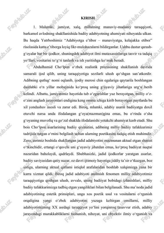 oshlab xalqimizga yana bir karra xizmat qildi. biroq jadid adabiyoti atalmish fenomen milliy adabiyotimiz taraqqiyotiga qoshgan ulush, avvalo, uning badiiyat bobidagi izlanishlari, milliy badiiy tafakkurimizga tadbiq etgan yangiliklari bilan belgilanadi. shu ma’noda jadid adabiyotining estetik prinsiplari, unga xos poetik usul va vositalarni o‘rganish orqaligina yangi o‘zbek adabiyotini yuzaga keltirgan omillarni, milliy adabiyotimizning xx asrdagi taraqqiyot yo‘lini yorqinroq tasavvur etish, adabiy jarayondagi murakkabliklarni tushunish, nihoyat, uni obyektiv ilmiy o‘rganish va baholash imkoniga ega bolamiz. shunga ko‘ra, asrimiz boshidagi adabiy jarayon xususiyatlarini atroflicha chuqur o‘rganish adabiyotshunosligimiz oldida turgan dolzarb muammolardandir. abdulhamid sulaymon o‘g‘li cho‘lpon xx asr o‘zbek adabiyotining eng mashhur namoyandalaridan biri hisoblanadi. uning hayoti va ijodiy faoliyati adabiyotimizning eng yorqin sahifalaridan birini tashkil qiladi. u badiiy ijodning deyarli hamma turi bilan faol shug‘ullandi. jumladan, she’r, hikoya, roman, drama, tanqid, tarjima — hammasida ijod etdi. lekin, birinchi navbatda, yangi o‘zbek she’riyatining asoschisi bo‘lib tarixga kirdi. ijodkorning hayot yo‘liga nazar soladigan bo‘lsak, «cho‘lpon» …
