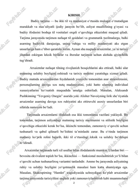 ardan biri sifatida namoyon bo‘ladi. tarjimada arxaizmlarni ifodalash esa ikki tomonlama vazifani yuklaydi. bir tomondan, tarjimon asliyatdagi matnning tarixiy mazmunini va stilistik boyligini o‘quvchiga etkazishi kerak bo‘lsa, ikkinchi tomondan, zamonaviy o‘quvchi uchun tushunarli va qabul qilinarli bo‘lishini ta’minlashi zarur. bu o‘rinda tarjimon madaniy ko‘prik rolini bajarib, ikki til o‘rtasidagi leksik va uslubiy bo‘shliqni to‘ldiradi. arxaizmlar tarjimada turli xil usullar bilan ifodalanishi mumkin. ulardan biri — bevosita ekvivalent topish bo‘lsa, ikkinchisi — funksional moslashtirish yo‘li bilan o‘quvchi uchun tushunarliroq variantni tanlashdir. ammo bu jarayonda asliyatning ruhiy va uslubiy boyligini yo‘qotmaslik masalasi ham katta ahamiyatga ega. masalan, shakespirning “hamlet” tragediyasida uchraydigan ko‘plab arxaizmlar tarjima jarayonida tarixiylikni saqlash yoki zamonaviylashtirish kabi muammolarni keltirib chiqaradi. o‘zbek adabiyoti namunalari, xususan, alisher navoiy va bobur ijodini boshqa tillarga tarjima qilishda ham xuddi shunday qiyinchiliklar kuzatiladi. bugungi kunda tarjimonlar arxaizmlarni ifodalashda ikki yo‘lni tanlaydilar: ularning asl shakli va tarixiy xususiyatlarini saqlagan holda tarjima qilish yoki modernizatsiya qilinib, …