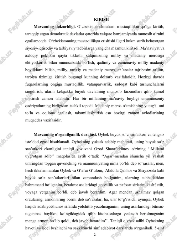 avzuning o‘rganilganlik darajasi. oybek buyuk so‘z san’atkori va tengsiz iste’dod egasi hisoblanadi. oybekning yuksak adabiy mahorati, uning buyuk so‘z san’atkori ekanligini taniqli yozuvchi ozod sharafiddinov o‘zining ‘‘millatni uyg‘otgan adib’’ maqolasida aytib o‘tadi: ‘‘agar mendan shuncha yil yashab umringdan topgan quvonching va mamnuniyating nima bo‘ldi deb so‘rasalar, men, hech ikkalanmasdan oybek va g‘afur g‘ulom, abdulla qahhor va shayxzoda kabi buyuk so‘z san’atkorlari bilan zamondosh bo‘lganim, ularning suhbatlaridan bahramand boʻlganim, betakror asalaridagi go‘zallik va nafosat sirlarini kashf etib, voyaga yetganim bo‘ldi, deb javob berardim. agar mendan ushalmay qolgan orzularing, armonlaring bormi deb so‘rasalar, ha, ular to‘g‘risida, ayniqsa, oybek haqida adabiyotshunos sifatida yolchitib yozolmaganim, uning asarlaridagi bitmas-tuganmas boylikni ko‘ngildagidek qilib kitobxonlarga yetkazib berolmaganim menga armon bo‘lib qoldi, deb javob berardim’’. taniqli o‘zbek adibi oybekning hayoti va ijodi beshinchi va sakkizinchi sinf adabiyot darslarida o‘rganiladi. 5-sinf adabiyot darsligida adibning hikoyalari berilgan bo‘lib, 8-sinfda esa uning lirikasi o‘rganiladi. kurs ishining maqsadi. oybekning ‘‘bolalik’’ qissasi haqida …