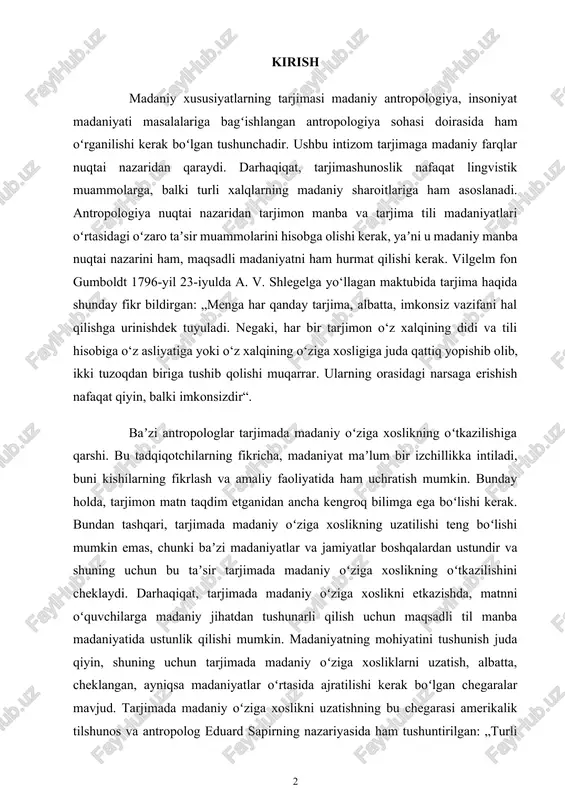 ar va jamiyatlar boshqalardan ustundir va shuning uchun bu taʼsir tarjimada madaniy oʻziga xoslikning oʻtkazilishini cheklaydi. darhaqiqat, tarjimada madaniy oʻziga xoslikni etkazishda, matnni oʻquvchilarga madaniy jihatdan tushunarli qilish uchun maqsadli til manba madaniyatida ustunlik qilishi mumkin. madaniyatning mohiyatini tushunish juda qiyin, shuning uchun tarjimada madaniy oʻziga xosliklarni uzatish, albatta, cheklangan, ayniqsa madaniyatlar oʻrtasida ajratilishi kerak boʻlgan chegaralar mavjud. tarjimada madaniy oʻziga xoslikni uzatishning bu chegarasi amerikalik tilshunos va antropolog eduard sapirning nazariyasida ham tushuntirilgan: „turli jamiyatlar yashaydigan dunyolar bu — turli xil olamlar va bir xil bolmagan dunyoladir.“ „har bir til jamoasining o‘ziga xos dunyo idroki mavjud bo‘lib, u boshqa til jamoalari idrokidan farq qiladi va til tomonidan belgilangan turli olamlarning mavjudligini nazarda tutadi“. baʼzi tilshunos olimlarning fikricha, tarjima qilina olmasligi faqat tilning cheklanganligidan emas, balki tarjimadagi madaniy toʻsiqlardan ham kelib chiqadi. baʼzi tilshunoslarning fikriga koʻra, masalan, ch. l. renn, xalqlar oʻrtasidagi qarashlardagi farqlar shartli ravishda madaniyatlarning tarjima qilinishiga cheklovlar …