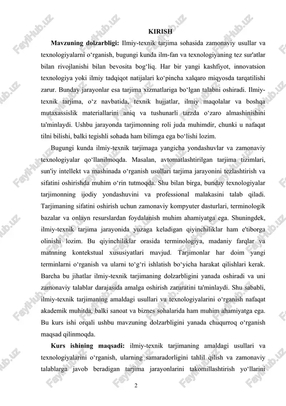 da yuzaga keladigan qiyinchiliklar ham e'tiborga olinishi lozim. bu qiyinchiliklar orasida terminologiya, madaniy farqlar va matnning kontekstual xususiyatlari mavjud. tarjimonlar har doim yangi terminlarni o‘rganish va ularni to‘g‘ri ishlatish bo‘yicha harakat qilishlari kerak. barcha bu jihatlar ilmiy-texnik tarjimaning dolzarbligini yanada oshiradi va uni zamonaviy talablar darajasida amalga oshirish zaruratini ta'minlaydi. shu sababli, ilmiy-texnik tarjimaning amaldagi usullari va texnologiyalarini o‘rganish nafaqat akademik muhitda, balki sanoat va biznes sohalarida ham muhim ahamiyatga ega. bu kurs ishi orqali ushbu mavzuning dolzarbligini yanada chuqurroq o‘rganish maqsad qilinmoqda. kurs ishining maqsadi: ilmiy-texnik tarjimaning amaldagi usullari va texnologiyalarini o‘rganish, ularning samaradorligini tahlil qilish va zamonaviy talablarga javob beradigan tarjima jarayonlarini takomillashtirish yo‘llarini aniqlashdir. bugungi kunda ilmiy-texnik sohalarda amalga oshirilayotgan tadqiqotlar va innovatsiyalar tez sur'atlar bilan rivojlanmoqda, bu esa tarjima jarayonining sifatiga va samaradorligiga bo‘lgan talabni oshiradi. ushbu kurs ishida ilmiy-texnik tarjimaning asosiy usullari, jumladan, an'anaviy va zamonaviy usullar, shuningdek, mashinada o‘rganish, sun'iy intellekt va avtomatlashtirilgan tarjima …
