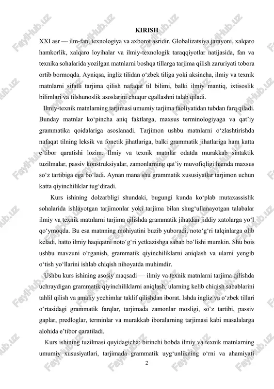 iliga yoki aksincha, ilmiy va texnik matnlarni sifatli tarjima qilish nafaqat til bilimi, balki ilmiy mantiq, ixtisoslik bilimlari va tilshunoslik asoslarini chuqur egallashni talab qiladi. ilmiy-texnik matnlarning tarjimasi umumiy tarjima faoliyatidan tubdan farq qiladi. bunday matnlar ko‘pincha aniq faktlarga, maxsus terminologiyaga va qat’iy grammatika qoidalariga asoslanadi. tarjimon ushbu matnlarni o‘zlashtirishda nafaqat tilning leksik va fonetik jihatlariga, balki grammatik jihatlariga ham katta e’tibor qaratishi lozim. ilmiy va texnik matnlar odatda murakkab sintaktik tuzilmalar, passiv konstruksiyalar, zamonlarning qat’iy muvofiqligi hamda maxsus so‘z tartibiga ega bo‘ladi. aynan mana shu grammatik xususiyatlar tarjimon uchun katta qiyinchiliklar tug‘diradi. kurs ishining dolzarbligi shundaki, bugungi kunda ko‘plab mutaxassislik sohalarida ishlayotgan tarjimonlar yoki tarjima bilan shug‘ullanayotgan talabalar ilmiy va texnik matnlarni tarjima qilishda grammatik jihatdan jiddiy xatolarga yo‘l qo‘ymoqda. bu esa matnning mohiyatini buzib yuboradi, noto‘g‘ri talqinlarga olib keladi, hatto ilmiy haqiqatni noto‘g‘ri yetkazishga sabab bo‘lishi mumkin. shu bois ushbu mavzuni o‘rganish, grammatik qiyinchiliklarni aniqlash va ularni yengib …