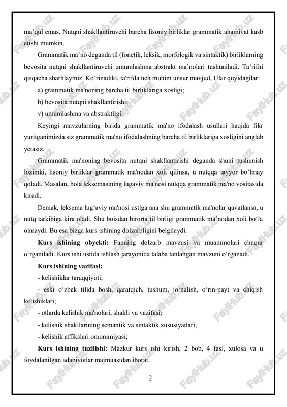 tq tarkibiga kira oladi. shu boisdan birorta til birligi grammatik ma’nodan xoli bo‘la olmaydi. bu esa bizga kurs ishining dolzarbligini belgilaydi. kurs ishining obyekti: fanning dolzarb mavzusi va muammolari chuqur o‘rganiladi. kurs ishi ustida ishlash jarayonida talaba tanlangan mavzuni o‘rganadi. kurs ishining vazifasi: - kelishiklar taraqqiyoti; - eski o‘zbek tilida bosh, qaratqich, tushum, jo‘nalish, o‘rin-payt va chiqish kelishiklari; - otlarda kelishik ma'nolari, shakli va vazifasi; - kelishik shakllarining semantik va sintaktik xususiyatlari; - kelishik affikslari omonimiyasi; kurs ishining tuzilishi: mazkur kurs ishi kirish, 2 bob, 4 fasl, xulosa va u foydalanilgan adabiyotlar majmuasidan iborat. i bob. kelishiklar taraqqiyoti 1.1 eski o‘zbek tilida bosh, qaratqich, tushum, jo‘nalish, o‘rin-payt va chiqish kelishiklari. kelishiklar gapda otning yoki otlashgan so‘zning fe'lga, ba'zan boshqa so‘z turkumiga munosabatini ifodalaydigan formalardir. eski o‘zbek tilida hozirgi o‘zbek tilidagidek 6 ta kelishik shakli saqlangan. turkiy tillar taraqqiyotining qadimgi davrlari uchun xarakterli bo‘lgan vosita kelishigi shakli xiii-xiv asrlarga oid yozma …