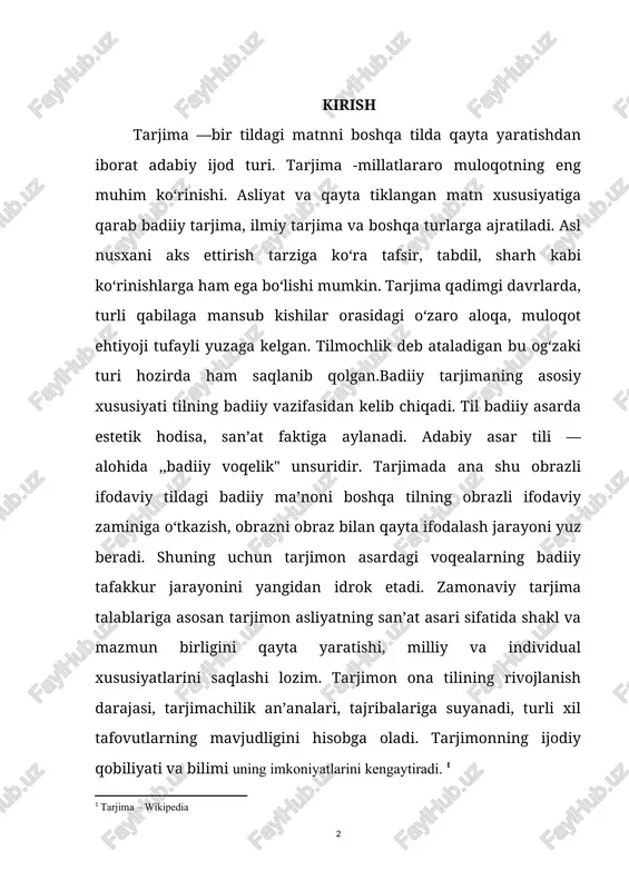 rli xil tafovutlarning mavjudligini hisobga oladi. tarjimonning ijodiy qobiliyati va bilimi uning imkoniyatlarini kengaytiradi. [footnoteref:1] [1: tarjima – wikipedia ] “transformatsiya” - (lotincha) o‘zgartirish, almashtirish degan ma’nolarni ifodalaydi, tarjimada ularning leksik, stilistik va grammatik turlarini uchratamiz. leksika so‘zlardan, so‘zlar majmuidan iborat bo‘lib, unga tilning asosiy til birligi, til va nutqning eng muhim omillaridan biri, tilning eng kichik asosiy birligi deb ta’rif berilgan. ammo so‘z til birligi sifatida juda murakkab xususiyatga ega va har bir so‘z qandaydir ma’no-mazmun kasb etadi. tarjimadagi leksik birliklarga l.s.barxudarov quyidagicha ta’rif bergan: “tilda mavjud bo‘lgan barcha birliklar, ya’ni fonema, morfema, so‘z, so‘z birikmasi va gap tarjima birligi bo‘lishi mumkin”. tarjimon esa tarjima jarayonida o‘z mahoratini ishga solib leksik transformatsiyalarni to‘g‘ri qo‘llay olishi zarur va tarjima qilayotgan tili leksikasi va ona tili leksikasini mukammal bilishi zarur. ma’lumki, tarjima jarayonida bitta tushunchaga aynan bitta tushunchaning to‘g‘ri kelishi juda kam uchraydi. tarjimada bir so‘zga bitta so‘z, so‘z birikmasi yoki …