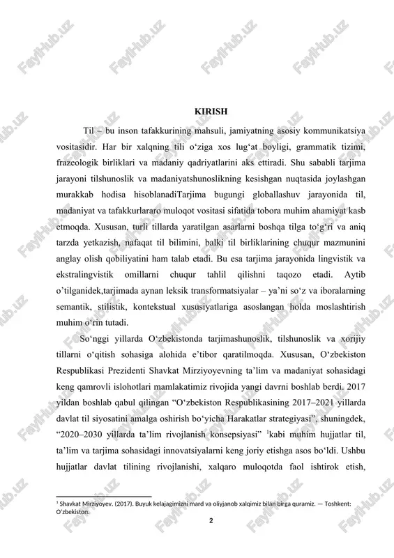 oslashtirish muhim o‘rin tutadi. so‘nggi yillarda o‘zbekistonda tarjimashunoslik, tilshunoslik va xorijiy tillarni o‘qitish sohasiga alohida e’tibor qaratilmoqda. xususan, o‘zbekiston respublikasi prezidenti shavkat mirziyoyevning ta’lim va madaniyat sohasidagi keng qamrovli islohotlari mamlakatimiz rivojida yangi davrni boshlab berdi. 2017 yildan boshlab qabul qilingan “o‘zbekiston respublikasining 2017–2021 yillarda davlat til siyosatini amalga oshirish bo‘yicha harakatlar strategiyasi”, shuningdek, “2020–2030 yillarda ta’lim rivojlanish konsepsiyasi” [footnoteref:1]kabi muhim hujjatlar til, ta’lim va tarjima sohasidagi innovatsiyalarni keng joriy etishga asos bo‘ldi. ushbu hujjatlar davlat tilining rivojlanishi, xalqaro muloqotda faol ishtirok etish, zamonaviy axborot va kommunikatsiya texnologiyalari asosida bilimlarni oshirishga qaratilgan.[footnoteref:2] [1: shavkat mirziyoyev. (2017). buyuk kelajagimizni mard va oliyjanob xalqimiz bilan birga quramiz. — toshkent: o‘zbekiston.] [2: shavkat mirziyoyev. (2020). yangi o‘zbekiston strategiyasi. — toshkent: “ma’naviyat” nashriyoti.] prezident shavkat mirziyoyev 2018 yil 24 yanvardagi farmoni bilan qabul qilingan “yangi o‘zbekiston strategiyasi” doirasida ta’lim tizimini yanada takomillashtirish, chet tillarini chuqur o‘rganish va tarjima faoliyatini rivojlantirish bo‘yicha ko‘plab topshiriqlar berdi. …