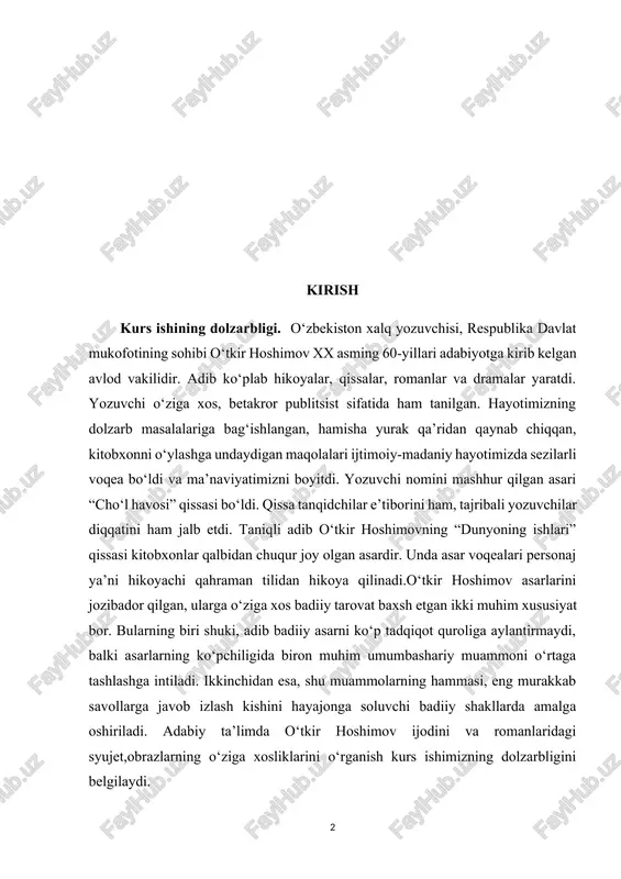 avollarga javob izlash kishini hayajonga soluvchi badiiy shakllarda amalga oshiriladi. adabiy ta’limda o‘tkir hoshimov ijodini va romanlaridagi syujet,obrazlarning o‘ziga xosliklarini o‘rganish kurs ishimizning dolzarbligini belgilaydi. muammoning o‘rganilganlik darajasi. adabiyotshunoslikda o‘tkir hoshimov ijodi yuzasidan ancha ilmiy ishlar olib borilgan. xususan, taniqli adabiyotshunos abdug‘ofur rasulov “ardoqli adib” risolasida adibning hayoti va ijodiga oid ma’lumotlarni, asarlari poetikasiga xos umumiy belgilarni o‘rganib chiqadi. ushbu risola sharh xarakteriga ega bo‘lib, adibning biografiyasi, asarlariga doir bir qancha yangi ma’lumotlarga, kuzatuvlarga boyligi bilan ajralib turadi. professor nuriddin shukurov “hayotiy badiiyat” maqolasida tarixiy voqelik bilan “dunyoning ishlari”, “ikki eshik orasi” sujetlarini qiyoslab tahlil etadi, yozuvchining badiiy mahoratiga baho beradi professor saydulla mirzayev “hozirgi o zbek adabiyoti” darsligida 60-80-yillar romanchiligini tekshirar ekan, o‘tkir hoshimov romanlariga ham to‘xtalib o‘tadi, romanlardagi mavzu, g‘oya, personajlar qiyofasi kabi masalalarga e’tibor qaratadi.yozuvchining “tushda kechgan umrlar” romaniga alohida to‘xtalib,syujet,obrazlar xususiyati aniqlandi.romanda fojiaviylik va uning kelib chiqishiga sabab bo‘luvchi asosiy omillar tahlil qilindi.adib ijodida namoyon bo‘luvchi …