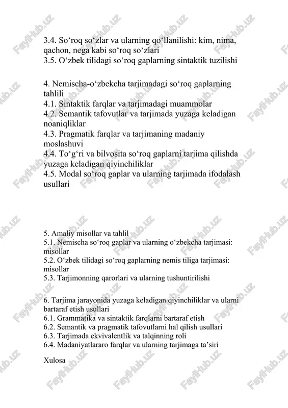 larning ahamiyati tarjima jarayonida yuzaga keladigan asosiy muammolar va ularni yechishning samarali usullari so‘roq gaplarning tarjimada to‘g‘ri ifodalashga oid ilmiy tavsiyalar kirish tarjimon o‘zi tarjima qiladigan tilning barcha xususiyatlarini yaxshi bilishi kerak, chunki har bir tilning o‘ziga xos grammatik, semantik, pragmatik va stilistik xususiyatlari mavjud. tarjimaning sifatli va samarali bo‘lishi, ayniqsa, so‘roq gaplar kabi tuzilmalarni to‘g‘ri va aniq tarjima qilishga bog‘liq. so‘roq gaplar, o‘quvchiga yoki tinglovchiga ma’lum bir axborotni olish uchun savol berish orqali gapirishni anglatadi. bu gaplar ko‘pincha kommunikativ maqsadga ega bo‘ladi, ya’ni biror narsani so‘rash, aniqlik kiritish, yoki fikrni tasdiqlash uchun ishlatiladi. nemis va o‘zbek tillarida so‘roq gaplar o‘ziga xos farqlarga ega bo‘lib, bularning tarjimasi jarayonida bir qator qiyinchiliklar yuzaga kelishi mumkin. tarjima jarayonida sintaktik, semantik va pragmatik farqlarni hisobga olish lozim. aynan shu farqlarni o‘rganish va tahlil qilish, tarjima sifatini oshirish uchun zarur. 1. so‘roq gaplarning lingvistik mohiyati so‘roq gaplar tilning eng muhim tuzilmalardan biri bo‘lib, ular …
