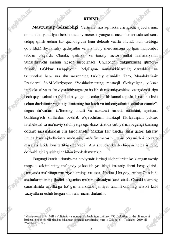 tartibiga qo‘yadi. ana shundan kelib chiqqan holda ishning dolzarbligini quyidagilar bilan izohlash mumkin: [1: mirziyoyev sh. m. milliy oʻzligimiz va mustaqil davlatchiligimiz timsoli // oʻzbek tiliga davlat tili maqomi berilganining oʻttiz yilligiga bagʻishlangan tantanali marosimdagi nutq // xalq soʻzi. – toshkent, 2019-yil 22-oktyabr. – № 218.] bugungi kunda ijtimoiy-ma’naviy sohalardagi islohotlardan ko‘zlangan asosiy maqsad xalqimizning ma’naviy yuksalish yo‘lidagi imkoniyatlarni kengaytirish, jamiyatda ma’rifatparvar ziyolilarning, xususan, nodira ,uvaysiy, anbar otin kabi shoiralarimizning ijodini o‘rganish muhim ahamiyat kasb etadi. chunki ularning qarashlarida ayolllarga bo‘lgan munosabat,jamiyat tuzumi,xalqning ahvoli kabi vaziyatlarni ochib bergan shoiralar mana shulardir. bundan tashqari, o‘zingizga ma’lumki, sho‘rolar zamonida tarixiy haqiqatni bilishga intilish rag‘batlantirilmas edi, hukmron mafkuraga xizmat qilmaydigan manbalar xalq ko‘zidan iloji boricha yiroq saqlanar edi. ma’lumki, o‘zbek mumtoz she’riyati an’analarini o‘ziga xos davom ettirib, xalqimiz ma’naviy hayoti tarixida o‘ziga xos iz qoldirgan mohlaroyim-nodira adabiy merosi yuzasidan istiqlolga qadar ko‘plab ilmiy-tadqiqot ishlari amalga oshirilgan. lekin ularda nodira istifoda etgan tarixiy obrazlar …