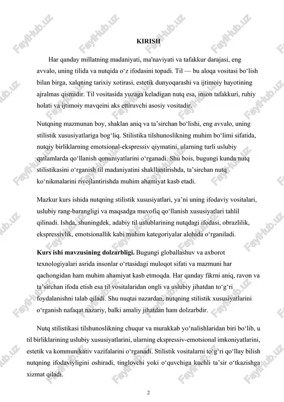 uningdek, adabiy til uslublarining nutqdagi ifodasi, obrazlilik, ekspressivlik, emotsionallik kabi muhim kategoriyalar alohida o‘rganiladi. kurs ishi mavzusining dolzarbligi. bugungi globallashuv va axborot texnologiyalari asrida insonlar o‘rtasidagi muloqot sifati va mazmuni har qachongidan ham muhim ahamiyat kasb etmoqda. har qanday fikrni aniq, ravon va ta’sirchan ifoda etish esa til vositalaridan ongli va uslubiy jihatdan to‘g‘ri foydalanishni talab qiladi. shu nuqtai nazardan, nutqning stilistik xususiyatlarini o‘rganish nafaqat nazariy, balki amaliy jihatdan ham dolzarbdir. nutq stilistikasi tilshunoslikning chuqur va murakkab yo‘nalishlaridan biri bo‘lib, u til birliklarining uslubiy xususiyatlarini, ularning ekspressiv-emotsional imkoniyatlarini, estetik va kommunikativ vazifalarini o‘rganadi. stilistik vositalarni to‘g‘ri qo‘llay bilish nutqning ifodaviyligini oshiradi, tinglovchi yoki o‘quvchiga kuchli ta’sir o‘tkazishga xizmat qiladi. ayni paytda maktab, kollej va oliy ta’lim muassasalarida o‘quvchilarning nutqiy savodxonligi, ifodali nutq tuzish ko‘nikmalarini shakllantirishda stilistik bilimlarning o‘rni beqiyosdir. shu boisdan ham nutqning stilistik xususiyatlarini chuqur o‘rganish zamonaviy tilshunoslik, adabiy tanqid va kommunikatsiya sohalarida dolzarb ilmiy-amaliy muammolardan biri sifatida e’tirof …