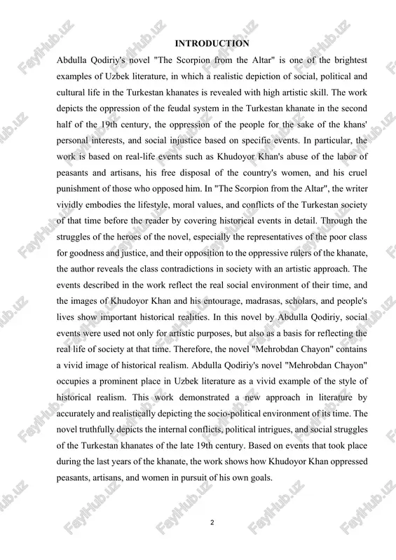 lers of the khanate, the author reveals the class contradictions in society with an artistic approach. the events described in the work reflect the real social environment of their time, and the images of khudoyor khan and his entourage, madrasas, scholars, and people's lives show important historical realities. in this novel by abdulla qodiriy, social events were used not only for artistic purposes, but also as a basis for reflecting the real life of society at that time. therefore, the novel "mehrobdan chayon" contains a vivid image of historical realism. abdulla qodiriy's novel "mehrobdan chayon" occupies a prominent place in uzbek literature as a vivid example of the style of historical realism. this work demonstrated a new approach in literature by accurately and realistically depicting the socio-political environment of its time. the novel truthfully depicts the internal conflicts, political intrigues, and social struggles of the turkestan khanates of the late …