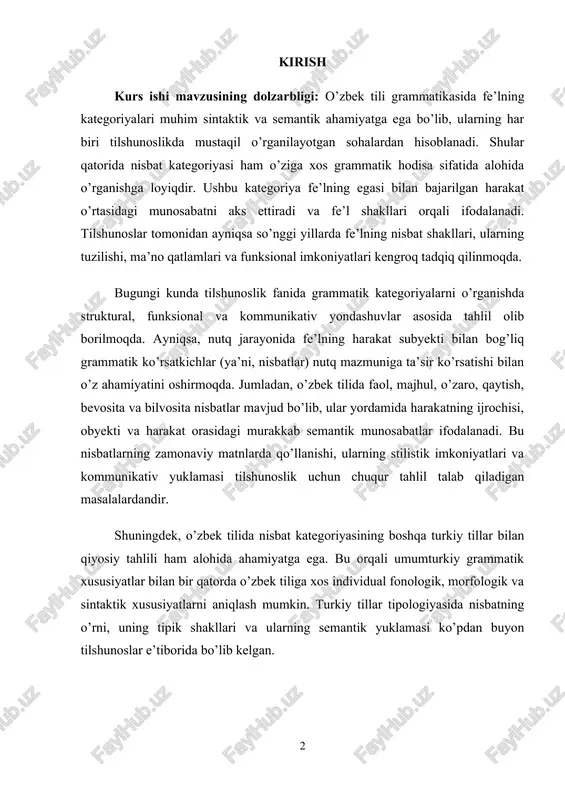 ega. bu orqali umumturkiy grammatik xususiyatlar bilan bir qatorda o’zbek tiliga xos individual fonologik, morfologik va sintaktik xususiyatlarni aniqlash mumkin. turkiy tillar tipologiyasida nisbatning o’rni, uning tipik shakllari va ularning semantik yuklamasi ko’pdan buyon tilshunoslar e’tiborida bo’lib kelgan. bugungi globallashuv sharoitida ona tilining tuzilishini chuqur o’rganish, ayniqsa, grammatik kategoriyalarni har tomonlama tadqiq qilish, tilni saqlab qolish va rivojlantirishning zarur shartlaridan biridir. shu jihatdan, nisbat kategoriyasini chuqur o’rganish nafaqat nazariy tilshunoslik, balki amaliy tilshunoslik va ta’lim sohalari uchun ham katta ahamiyat kasb etadi. tilni to’g’ri o’qitish, tarjima jarayonlari, nutq uslubi, matn tahlili kabi sohalarda nisbat kategoriyasining mohiyatini bilish tilning mazmunan va shaklan chuqur anglanishiga xizmat qiladi. yuqorida keltirilgan dalillar asosida aytish mumkinki, o’zbek tilshunosligida nisbat kategoriyasini har tomonlama tahlil qilish, ularning grammatik tabiatini, qo’llanish xususiyatlarini o’rganish va zamonaviy tilda tutgan o’rnini aniqlash bugungi tilshunoslik fanining dolzarb yo’nalishlaridan biridir. bu mavzuni tadqiq qilish natijasida o’zbek tilining grammatik qurilishi bo’yicha nazariy bilimlar boyiydi, …