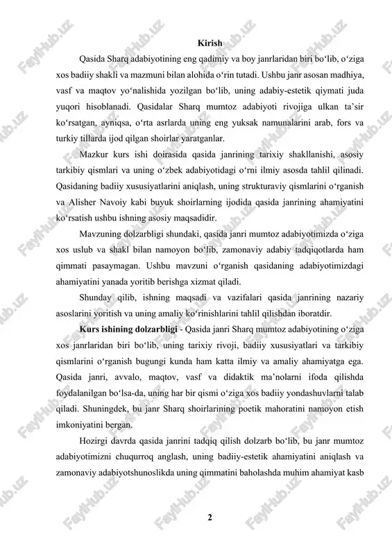 ning dolzarbligi shundaki, qasida janri mumtoz adabiyotimizda oʻziga xos uslub va shakl bilan namoyon boʻlib, zamonaviy adabiy tadqiqotlarda ham qimmati pasaymagan. ushbu mavzuni oʻrganish qasidaning adabiyotimizdagi ahamiyatini yanada yoritib berishga xizmat qiladi. shunday qilib, ishning maqsadi va vazifalari qasida janrining nazariy asoslarini yoritish va uning amaliy koʻrinishlarini tahlil qilishdan iboratdir. kurs ishining dolzarbligi - qasida janri sharq mumtoz adabiyotining oʻziga xos janrlaridan biri boʻlib, uning tarixiy rivoji, badiiy xususiyatlari va tarkibiy qismlarini oʻrganish bugungi kunda ham katta ilmiy va amaliy ahamiyatga ega. qasida janri, avvalo, maqtov, vasf va didaktik ma’nolarni ifoda qilishda foydalanilgan boʻlsa-da, uning har bir qismi oʻziga xos badiiy yondashuvlarni talab qiladi. shuningdek, bu janr sharq shoirlarining poetik mahoratini namoyon etish imkoniyatini bergan. hozirgi davrda qasida janrini tadqiq qilish dolzarb boʻlib, bu janr mumtoz adabiyotimizni chuqurroq anglash, uning badiiy-estetik ahamiyatini aniqlash va zamonaviy adabiyotshunoslikda uning qimmatini baholashda muhim ahamiyat kasb etadi. ayniqsa, alisher navoiy va boshqa mumtoz shoirlar …