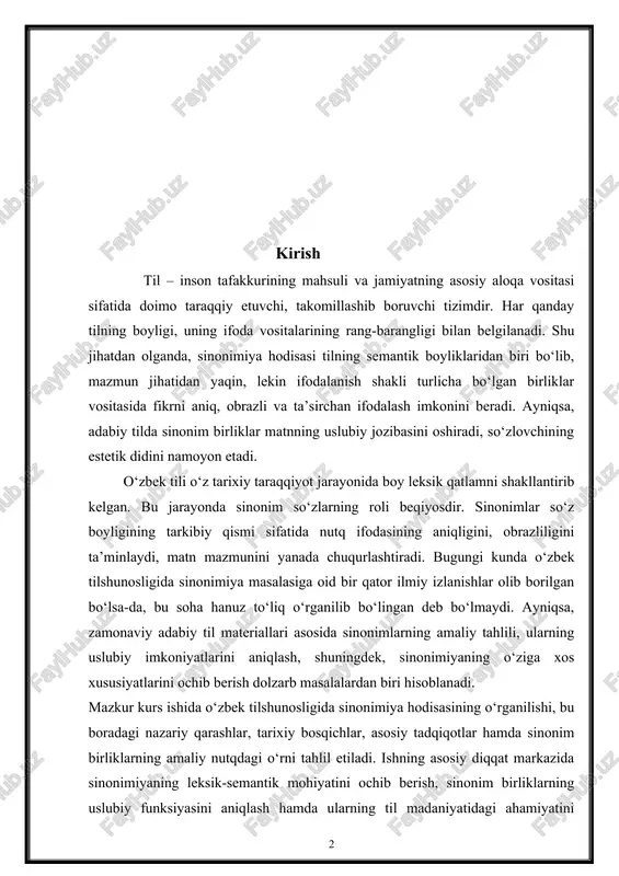 sinonimiyaning leksik-semantik mohiyatini ochib berish, sinonim birliklarning uslubiy funksiyasini aniqlash hamda ularning til madaniyatidagi ahamiyatini ko‘rsatish turadi. ushbu kurs ishining maqsadi – o‘zbek tilshunosligida sinonimiya hodisasining o‘rganilishi jarayonini tahlil qilish, sinonim birliklarning ilmiy-nazariy asoslarini ochib berish va ularning amaliy qo‘llanilishi yuzasidan tahliliy xulosalar chiqarishdan iborat. kurs ishining vazifalari quyidagilardan iborat: · sinonimiya hodisasining umumiy nazariy asoslarini o‘rganish; · sinonim birliklarning turlarini aniqlash va tasniflash; · o‘zbek tilshunosligida sinonimiya masalasining o‘rganilish tarixini ko‘rsatish; · sinonimlarning uslubiy va kommunikativ ahamiyatini ochib berish; · adabiy matnlar asosida sinonim birliklarning qo‘llanishini tahlil qilish. tadqiqot obyekti – o‘zbek adabiy tili leksikasi va unda mavjud sinonim birliklar. tadqiqot predmeti – sinonim so‘zlarning shakllanishi, tasnifi, uslubiy xususiyatlari va ularning o‘zbek tilshunosligida o‘rganilish holati. ishning metodologik asoslari sifatida umumtilshunoslik va o‘zbek tilshunosligiga oid nazariy manbalar, komparativ va deskriptiv tahlil usullari, tizimli-struktural yondashuvlar asos qilib olindi. mazkur kurs ishida o‘zbek tilshunosligida sinonimiya hodisasining chuqur ilmiy tahlili asosida, tilimizdagi sinonim …