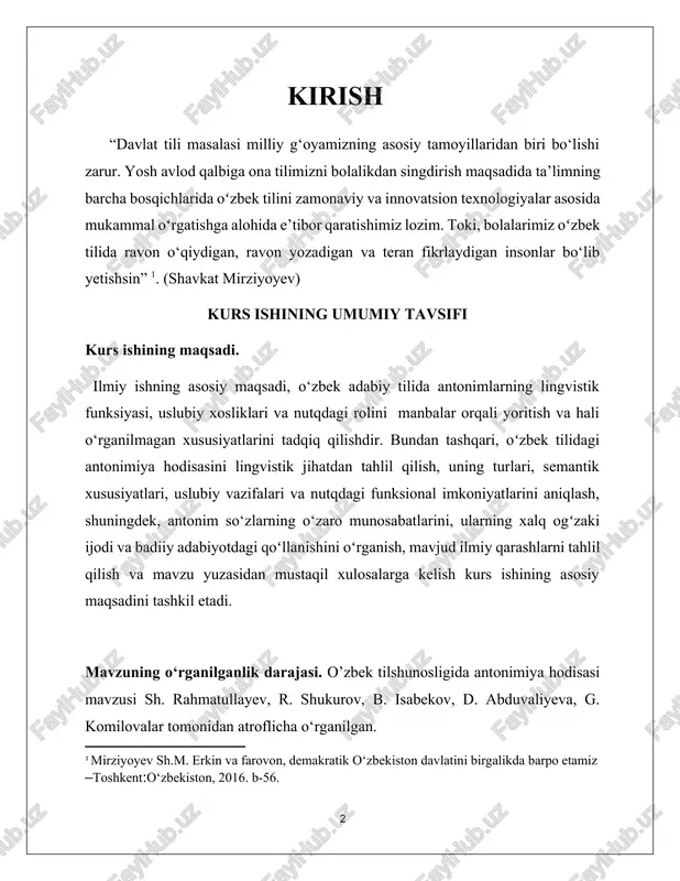 ng o‘zaro munosabatlarini, ularning xalq ogʻzaki ijodi va badiiy adabiyotdagi qoʻllanishini oʻrganish, mavjud ilmiy qarashlarni tahlil qilish va mavzu yuzasidan mustaqil xulosalarga kelish kurs ishining asosiy maqsadini tashkil etadi. mavzuning o‘rganilganlik darajasi. o’zbek tilshunosligida antonimiya hodisasi mavzusi sh. rahmatullayev, r. shukurov, b. isabekov, d. abduvaliyeva, g. komilovalar tomonidan atroflicha o‘rganilgan. mavzuning dolzarbligi. antonimiyaga oid izlanishlar nafaqat so‘z boyligini tahlil qilish, balki ularning fikr ifodasidagi obrazlilik, qarama-qarshilik asosidagi tafakkur tizimini o‘rganishda ham muhimdir. shu bilan birga, o‘zbek adabiy tilida antonimlarning lingvistik funksiyasi, uslubiy xosliklari va nutqdagi roli hanuzgacha yetarli darajada to‘liq yoritilmagan. bu boradagi izlanishlar til boyligini chuqur tahlil qilish, nutq madaniyatini oshirish hamda adabiy tilning ifodaviy imkoniyatlarini keng ochib berish imkonini yaratadi. kurs ishining amaliy ahamiyati. oʻzbek tilidagi antonimiya hodisasini lingvistik jihatdan tahlil qilish uning turlari, semantik xususiyatlari, uslubiy vazifalari va nutqdagi funksional imkoniyatlarini aniqlashdan iborat. shuningdek, antonim so‘zlarning o‘zaro munosabatlarini, ularning xalq ogʻzaki ijodi va badiiy adabiyotdagi qoʻllanishini oʻrganish, …