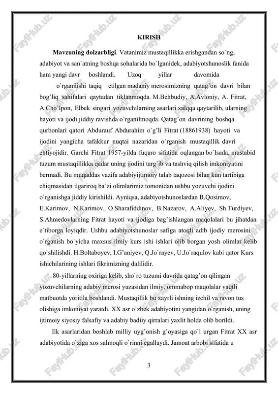 osi yuzasidan ilmiy, ommabop maqolalar vaqtli matbuotda yoritila boshlandi. mustaqillik bu xayrli ishning izchil va ravon tus olishiga imkoniyat yaratdi. xx asr o`zbek adabiyotini yangidan o`rganish, uning ijtimoiy siyosiy falsafiy va adabiy badiiy qirralari yaxlit holda olib borildi. ilk asarlaridan boshlab milliy uyg’onish g’oyasiga qo`l urgan fitrat xx asr adabiyotida o`ziga xos salmoqli o`rinni egallaydi. jamoat arbobi sifatida u 3 turkiston mustaqilligi uchun hormaytolmay kurashdi. mustaqillik uchun olib borilgan kurash tarixni yaxshi bilmasdan turib, uning qadrini to`la baholash mushkul. tarixiy jarayonni haqqoniy baholash, ro`y bergam voqea va hodisalar mohiyatini to‘la idrok etish kelajakda to`g’ri yo`lni tanlash va undan taraqqiyot sari odimlash imkonini beradi. kurs ishining maqsad va vazifalari. mazkur ishdan ko`zlangan maqsad milliy ozodlik g’oyasi qay darajada aks etganini va qanday talqin etishganini ushbu va boshqa birlamchi manbalar asosida o`rganishni, 20-yillardagi ijtimoiy-siyosiy voqelikka bo`lish munosabatlar, mazkur dramalarning o`z davrida xalq ijtimoiy siyosiy onga ko`rsatgan ta`sirini aniqlash va uning milliy dramaturgiyamiz …