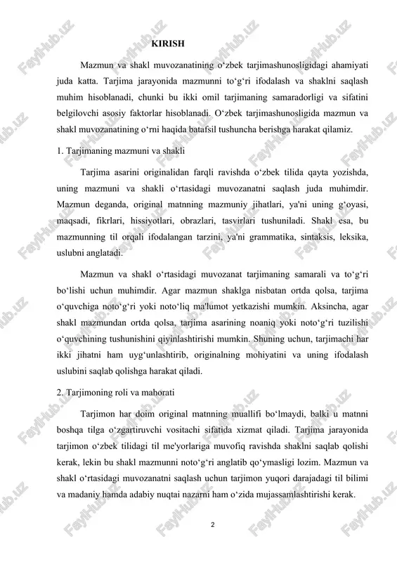 arjima o‘quvchiga noto‘g‘ri yoki noto‘liq ma'lumot yetkazishi mumkin. aksincha, agar shakl mazmundan ortda qolsa, tarjima asarining noaniq yoki noto‘g‘ri tuzilishi o‘quvchining tushunishini qiyinlashtirishi mumkin. shuning uchun, tarjimachi har ikki jihatni ham uyg‘unlashtirib, originalning mohiyatini va uning ifodalash uslubini saqlab qolishga harakat qiladi. 2. tarjimoning roli va mahorati tarjimon har doim original matnning muallifi bo‘lmaydi, balki u matnni boshqa tilga o‘zgartiruvchi vositachi sifatida xizmat qiladi. tarjima jarayonida tarjimon o‘zbek tilidagi til me'yorlariga muvofiq ravishda shaklni saqlab qolishi kerak, lekin bu shakl mazmunni noto‘g‘ri anglatib qo‘ymasligi lozim. mazmun va shakl o‘rtasidagi muvozanatni saqlash uchun tarjimon yuqori darajadagi til bilimi va madaniy hamda adabiy nuqtai nazarni ham o‘zida mujassamlashtirishi kerak. o‘zbek tarjimashunosligida tarjimonning mahorati nafaqat grammatikani bilish, balki tilning tuzilishiga, kontekstga va madaniyatga mos ravishda fikrni ifodalash qobiliyatiga ham bog‘liq. bu holat, ayniqsa, adabiy tarjimada juda muhimdir, chunki adabiyotda obrazlar, badiiy uslub va til xususiyatlari o‘ziga xos bo‘ladi. 3. mazmun va shakl muvozanati …