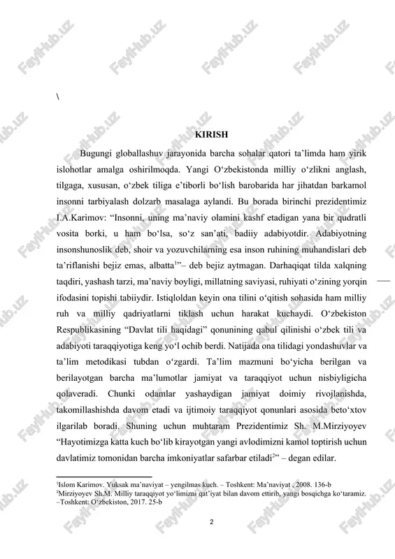 lashishda davom etadi va ijtimoiy taraqqiyot qonunlari asosida beto‎‘‎xtov ilgarilab boradi. shuning uchun muhtaram prezidentimiz sh. m.mirziyoyev “hayotimizga katta kuch bo‎‘‎lib kirayotgan yangi avlodimizni kamol toptirish uchun davlatimiz tomonidan barcha imkoniyatlar safarbar etiladi[footnoteref:2]” – degan edilar. [1: islom karimov. yuksak ma’naviyat – yengilmas kuch. – toshkent: ma’naviyat , 2008. 136-b] [2: mirziyoyev sh.m. milliy taraqqiyot yo‘limizni qat’iyat bilan davom ettirib, yangi bosqichga ko‘taramiz. –toshkent: o‘zbekiston, 2017. 25-b ] kurs ishi mavzusining dolzarbligi: ma’lumki, yaqin yillar mobaynida ona tili o‘qitish metodikasi va yondashuvlari tubdan o‘zgartirildi. avvalgi yillarda ona tilida o‘rgatilayotgan murakkab qoidalar-u, qiyinlashtirilgan grammatikalardan voz kechilyapdi. uning o‘rniga to‘rt kompetensiya (o‘qib tushunish, tinglab tushunish, og‘zaki va yozma nutq) ustiga qurilgan, bir muncha soddalashtirilgan, uzviylikka asoslangan, hayotiy ko‘nikmalarni o‘rgatishga xizmat qiladigan grammatikalar darsliklarga singdirilmoqda. bu usulda darsliklar yaratish yoki o‘quvchiga o‘rgatish uchun biz ona tilini boshqa fanlar bilan bog‘lash zarurdir. umumta’lim maktablarining asosiy vazifasi o‘quvchilarni fikrlash salohiyatini, aqliy rivojlanishini, mantiqiy tafakkurini o‘stirish; …