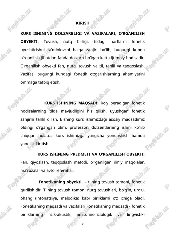 nishtirish; d) adabiy tilning fonetik-fonologik tizimiga oid munozarali masalalami aniqlash, ularga munosabat bildirish; e) talabalarda fonetik tahlil ko‘nikmalarini shakllantirish; talabalarga shu sohada ishlagan fonetist-fonologlar haqida qisqacha ma'lumot berish. har qanday tilning fonetik birliklari dastlab ikki guruhga - segment va supersegment birliklarga bo‘linadi: a) segment birliklarga nutq tovushlari va bo‘g‘in kiradi. bunday birliklar so‘z yoki morfemalar tarkibida birin-ketin keladi, yotiq (gorizontal) yo‘nalishda bir-biriga ulanib, zanjirsimon tarzda joylashadi.[footnoteref:1] masalan: kitob so‘zidagi 5 ta tovush (k, i, t, o, b) va ikkita bokgkin (ki-tob) segment birliklar, demak, shu sokz tarkibidagi qismlar sanaladi; b) supersegment birliklarga urg‘u, ohang, melodika, pauzalar kiradi. bunday birliklar so‘zga, frazaga, gapga yoki nutqqa yaxlit aloqador bo‘lib, ularni so‘z, gap yoki nutqdan ajratilgan holda tasavvur qilib bo‘lmaydi. shuning uchun ularni ustama hodisa (m. mirtojiyev) deb nomlash hollari ham uchraydi. fonetik birliklarning tildagi vazifalari quyidagilardan iborat: 1) shakllantiruvchi vazifa: bunda fonetik birliklarning so‘z yoki morfemalar tarkibida yoxud gap va nutq tuzilishida …