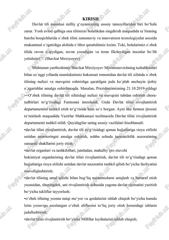 a faoliyatini muvofiqlashtirish; •davlat tilining amal qilishi bilan bogʻliq muammolarni aniqlash va bartaraf etish yuzasidan, shuningdek, uni rivojlantirish sohasida yagona davlat siyosatini yuritish boʻyicha takliflar tayyorlash; •oʻzbek tilining yozma nutqi me‘yor va qoidalarini ishlab chiqish boʻyicha hamda lotin yozuviga asoslangan oʻzbek alifbosini toʻliq joriy etish borasidagi ishlarni jadallashtirish; •davlat tilini rivojlantirish boʻyicha nhhlar loyihalarini ishlab chiqish; •davlat tilini rivojlantirish boʻyicha dasturlar va ―yoʻl xaritalarini ishlab chiqish, ularning amalga oshirilishini nazorat qilish, shuningdek, ―oʻzbek tili bayrami kuni‖ni nishonlash boʻyicha ishlarni muvofiqlashtirish; •ilmiy asoslangan yangi soʻz va atamalarni iste‘molga kiritish, zamonaviy atamalarning oʻzbekona muqobillarini yaratish va bir xilda qoʻllanishini ta‘minlash, geografik va boshqa toponimik obyektlarga qonun hujjatlariga muvofiq nom berilishi borasidagi faoliyatni monitoring qilish va muvofiqlashtirish; •davlat tilini rivojlantirishga oid ilmiy-tadqiqot ishlarini qoʻllab-quvvatlash, bu sohada xalqaro hamkorlikni amalga oshirish. mazkur kurs ishi “so‘z birikmasining lisoniy-sintaktik xususiyati va bog‘lanish omillari” mavzusiga bag‘ishlangan bo‘lib, unda so‘z birikmasining o‘zbek tilidagi grammatik va semantik tuzilishi, bog‘lanish …