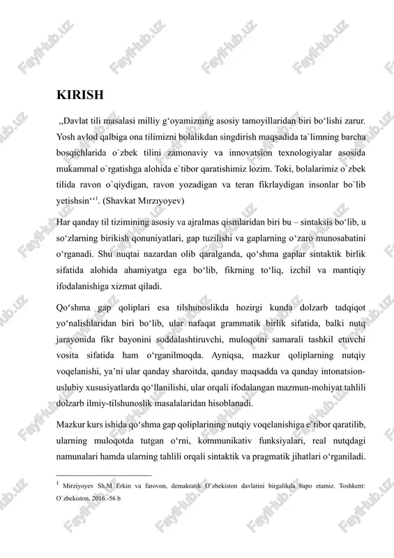 ar orqali ifodalangan mazmun-mohiyat tahlili dolzarb ilmiy-tilshunoslik masalalaridan hisoblanadi. mazkur kurs ishida qoʻshma gap qoliplarining nutqiy voqelanishiga e’tibor qaratilib, ularning muloqotda tutgan oʻrni, kommunikativ funksiyalari, real nutqdagi namunalari hamda ularning tahlili orqali sintaktik va pragmatik jihatlari o‘rganiladi. shu orqali tilshunoslikdagi nazariy bilimlar amaliy nutq jarayoni bilan bogʻlanib, til va nutq orasidagi murakkab munosabat ochib beriladi. mavzuning dolzarbligi. tilshunoslikda gap sintaksisi, xususan, qo‘shma gaplar masalasi doimiy o‘rganiladigan, nazariy va amaliy jihatdan muhim yo‘nalishlardan biri hisoblanadi.qo‘shma gaplar sodda gaplarga nisbatan murakkabroq tuzilishga ega bo‘lib, ular orqali murakkab fikrlar,mantiqiy bog‘lanishlar ifodalanadi. ktayyor ifoda vositasi sifatida faol ishlatiladi. qo‘shma gaplarning qanday tarkibiy tuzilishga ega ekanligini o‘rganish mavzuning dolzarbligini belgilovchi omillardan hisoblanadi. bu masala, ayniqsa, o‘quv jarayonida muhim ahamiyatga ega bo‘lib talabalarga qo‘shma agpalr amvzusini chuqur o‘rgatish va nutqiy faoliyatda to‘g‘ri foydalanish uchun asos bo‘ladi. kurs ishining maqsadi. ushbu ishning maqsadi o‘zbek tilidagi qo‘shma gaplarning turlari, qismlarini bog‘lovchi vositalar, qo‘shma gap qoliplari haqida yaxlit ma’lumot …