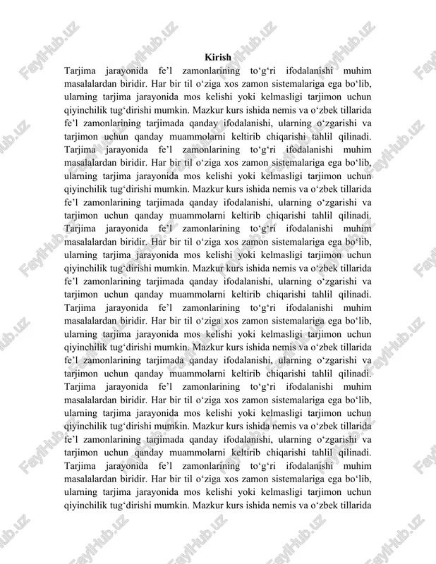 odalanishi muhim masalalardan biridir. har bir til o‘ziga xos zamon sistemalariga ega bo‘lib, ularning tarjima jarayonida mos kelishi yoki kelmasligi tarjimon uchun qiyinchilik tug‘dirishi mumkin. mazkur kurs ishida nemis va o‘zbek tillarida fe’l zamonlarining tarjimada qanday ifodalanishi, ularning o‘zgarishi va tarjimon uchun qanday muammolarni keltirib chiqarishi tahlil qilinadi. tarjima jarayonida fe’l zamonlarining to‘g‘ri ifodalanishi muhim masalalardan biridir. har bir til o‘ziga xos zamon sistemalariga ega bo‘lib, ularning tarjima jarayonida mos kelishi yoki kelmasligi tarjimon uchun qiyinchilik tug‘dirishi mumkin. mazkur kurs ishida nemis va o‘zbek tillarida fe’l zamonlarining tarjimada qanday ifodalanishi, ularning o‘zgarishi va tarjimon uchun qanday muammolarni keltirib chiqarishi tahlil qilinadi. tarjima jarayonida fe’l zamonlarining to‘g‘ri ifodalanishi muhim masalalardan biridir. har bir til o‘ziga xos zamon sistemalariga ega bo‘lib, ularning tarjima jarayonida mos kelishi yoki kelmasligi tarjimon uchun qiyinchilik tug‘dirishi mumkin. mazkur kurs ishida nemis va o‘zbek tillarida fe’l zamonlarining tarjimada qanday ifodalanishi, ularning o‘zgarishi va tarjimon uchun qanday muammolarni …