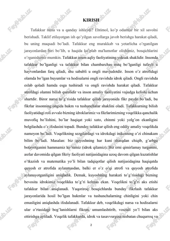 g har kuni sharqdan chiqib, g’arbga botayotganini hammamiz ko’ramiz (idrok qilamiz). biz erni qimirlamay turganini, asrlar davomida qilgan fikriy faoliyati natijasidagina uzoq davom qilgan kuzatishlar o’tkazish va matematika yo’li bilan tadqiqotlar qilish natijasidagina haqiqatda quyosh er atrofida aylanmasdan, balki er o’z o’qi atrofi va quyosh atrofida aylanayotganligini aniqladik. demak, kuyoshning harakati to’g’risidagi bizning bevosita idrokimiz voqelikka to’g’ri kelmas ekan. voqelikni to’g’ri aks etishi tafakkur bilan aniqlanadi. yuqoriroq bosqichlarda bunday fikrlash tafakkur jarayonlarida hosil bo’lgan hukmlar va tushunchalarning chinligini yoki chin emasligini aniqlashda ifodalanadi. tafakkur deb, voqelikdagi narsa va hodisalarni ular o’rtasidagi bog’lanishlarni fikran, umumlashtirib, vositali yo’l bilan aks ettirishga aytiladi. voqelik tafakkurda, idrok va tasavvurgina nisbatan chuqurroq va to’laroq aks etadi. biz sezgi, idrok vositasi bilan bilib olishimiz mumkin bo’lmagan narsa yoki hodisalarni, narsa yoki hodisalarning xususiyatlarini, ularning bog’lanish va munosabatlarini tafakkur vositasi bilan bilib olamiz. masalan: bizga ma`lumki, agar yorug’lik nuri shisha prizma orqali o’tkazilsa bu nur spektorni yetti …