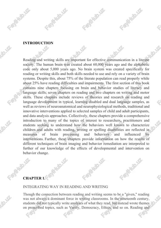 of brain processing and behaviors and influenced by interventions. further, these chapters provide information on how the results of different techniques of brain imaging and behavior remediation are interpreted to further of our knowledge of the effects of developmental and intervention on behavior change. chapter 1. integrating way in reading and writing though the connection between reading and writing seems to be a "given," reading was not always a dominant force in writing classrooms. in the nineteenth century, students did not typically write analyses of what they read, but instead wrote themes on prescribed topics, such as vanity, democracy, ethics, and so on. reading and writing became curricularly linked at the turn of the century, when harvard and other universities decided that reading literature was essential to learning to write. the reasons for this curricular link are the same today as they were one hundred years ago. those who argue …