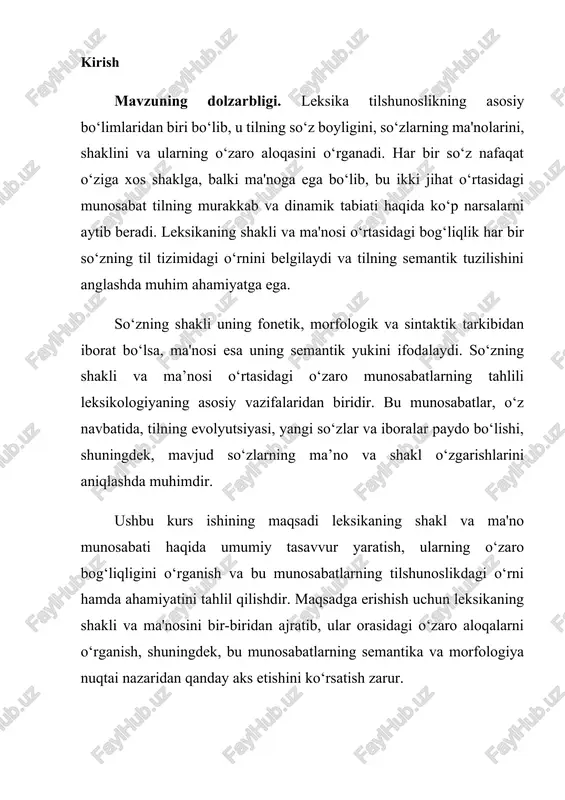 eksikaning shakli va ma'nosini bir-biridan ajratib, ular orasidagi o‘zaro aloqalarni o‘rganish, shuningdek, bu munosabatlarning semantika va morfologiya nuqtai nazaridan qanday aks etishini ko‘rsatish zarur. kurs ishida leksikaning shakl va ma'no munosabati tushunchalarining nazariy asoslari, shuningdek, bu munosabatlarning tilda qanday ifodalanishi va amaliy misollar orqali namoyish etilishi ko‘rib chiqiladi. shakl va ma'noning bir-biriga qanday ta'sir ko‘rsatishi va bu jarayonlarning leksik birliklarning semantik rivojlanishiga qanday ta'sir qilishini aniqlash muhim hisoblanadi. kurs ishining maqsad va vazifalari. ushbu kurs ishini yozishda savod o‘rgatishning tayyorlov davrida o‘quvchilarni yozuvga o‘rgatishasosiy maqsad qilib belgılandı. ushbu maqsadni amalga oshirishda quyidagi vazifalar amalga oshirish: · so’zlarning shakl munosabatini o’rganish; · so’zlarning ma’no munosabatini o’rganish; · semantik yondashuvlar va leksik birliklarning maʼno shakllanishini o’rganish; · leksikaning dinamikasi: yangi so‘zlar, o‘zgarishlar va ularning ma'nolariga ta'sirini o’rganish; kurs ishi obyekti va usullari. kurs ishining muammosiga oid falsafiy, psixologik, pedagogik hamda metodik adabiyotlar ta'lim mazmunini yontuvcdhu me'yoriy hujjatlar mazmunini o‘rganish va tahlil qilish, …
