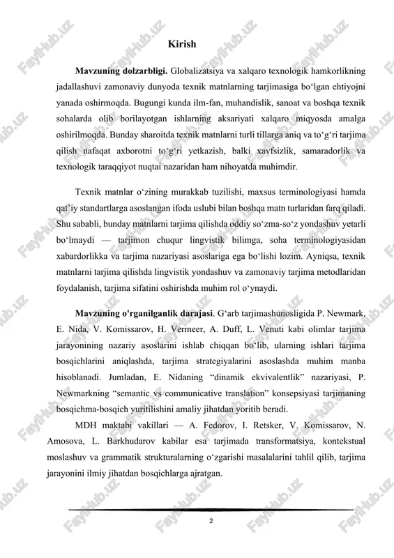 uff, l. venuti kabi olimlar tarjima jarayonining nazariy asoslarini ishlab chiqqan bo‘lib, ularning ishlari tarjima bosqichlarini aniqlashda, tarjima strategiyalarini asoslashda muhim manba hisoblanadi. jumladan, e. nidaning “dinamik ekvivalentlik” nazariyasi, p. newmarkning “semantic vs communicative translation” konsepsiyasi tarjimaning bosqichma-bosqich yuritilishini amaliy jihatdan yoritib beradi. mdh maktabi vakillari — a. fedorov, i. retsker, v. komissarov, n. amosova, l. barkhudarov kabilar esa tarjimada transformatsiya, kontekstual moslashuv va grammatik strukturalarning o‘zgarishi masalalarini tahlil qilib, tarjima jarayonini ilmiy jihatdan bosqichlarga ajratgan. o‘zbek tarjimashunosligida ham bu boradagi ilmiy izlanishlar shakllanmoqda. xususan, h. hakimov, m. qo‘chqorov, a. juraev, m. umarkulov, g. karimova, z. mamarasulov kabi olimlar tarjima nazariyasi va amaliyotiga oid ishlarida tarjima jarayonining komponentlari, tarjimaning til va madaniyatlararo vosita sifatidagi funksiyasi, tarjimon kompetensiyasi masalalarini yoritganlar. kurs ishining obyekti — tarjima faoliyati jarayonida yuzaga keladigan lingvistik, kognitiv va madaniy hodisalardir. kurs ishining predmeti — tarjima jarayonining bosqichlari, ularning har birida amalga oshiriladigan lingvistik transformatsiyalar, tarjima strategiyalari va …