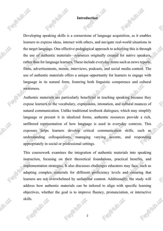 adapting complex materials for different proficiency levels and ensuring that learners are not overwhelmed by unfamiliar content. additionally, the study will address how authentic materials can be tailored to align with specific learning objectives, whether the goal is to improve fluency, pronunciation, or interactive skills. by analyzing existing research and pedagogical practices, this study aims to demonstrate the transformative potential of authentic materials in teaching speaking. it argues that such materials not only bridge the gap between classroom learning and real-world application but also enhance learner motivation by making language study more relevant and engaging. ultimately, this work seeks to provide educators with insights and practical recommendations for integrating authentic resources effectively into their speaking curricula. understanding authentic materials authentic materials refer to resources that are created for native speakers of a language, designed to serve real-world communicative purposes rather than language-learning objectives. these materials include a wide range of …